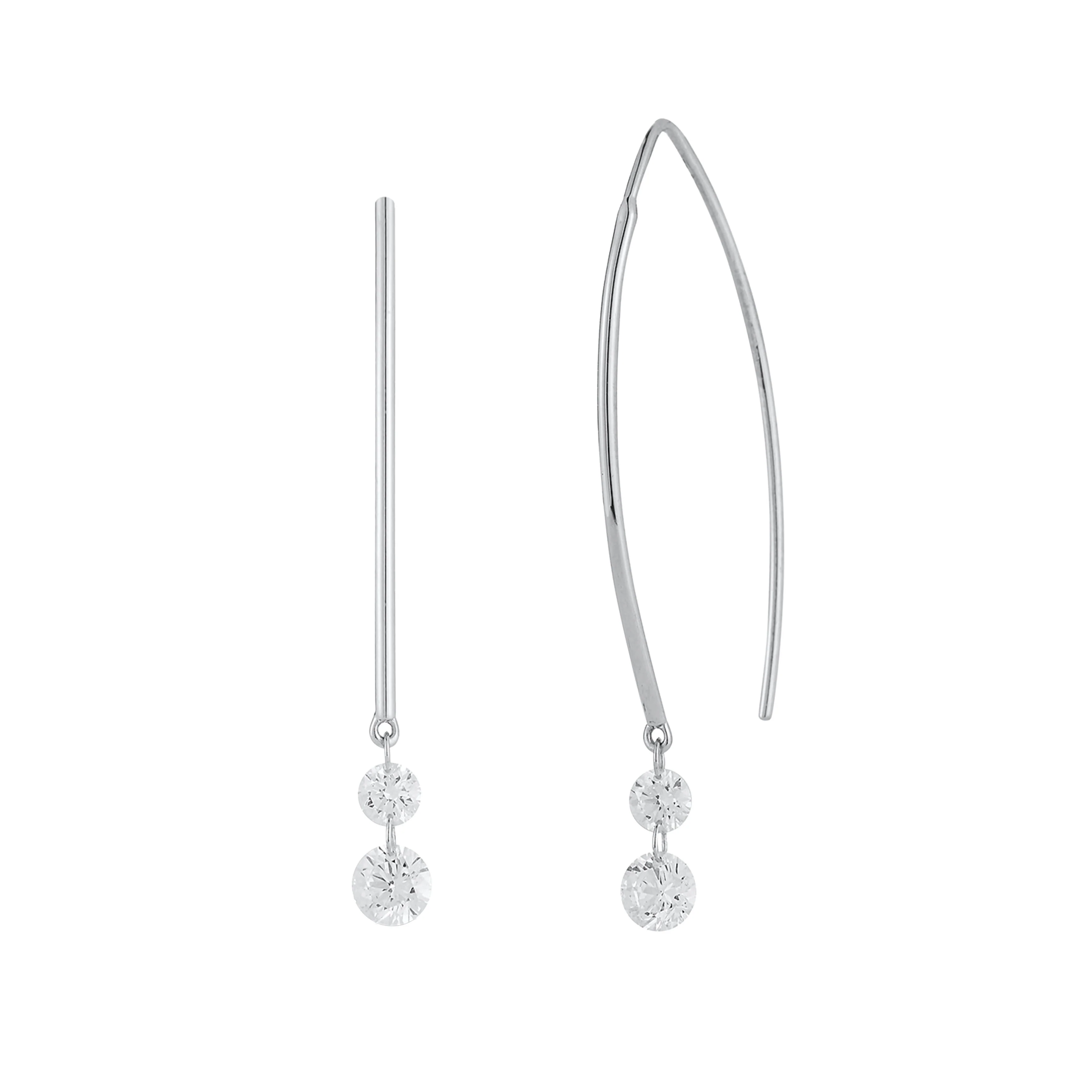 18k White Gold Pierced Diamond Spearhook Double Dangle Earrings