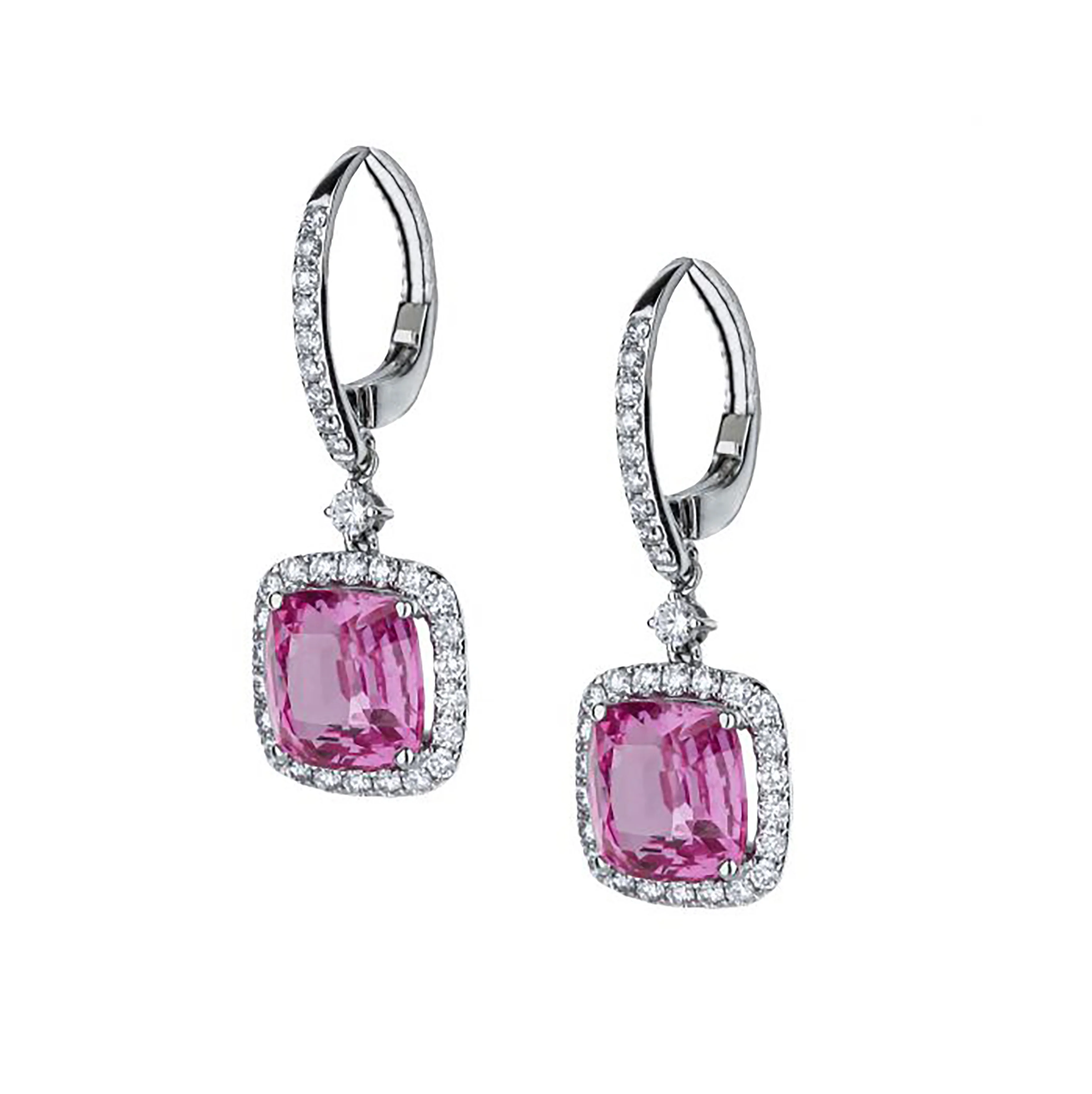 18K White Gold Pink Sapphire Diamond Drop Earrings - Image 2