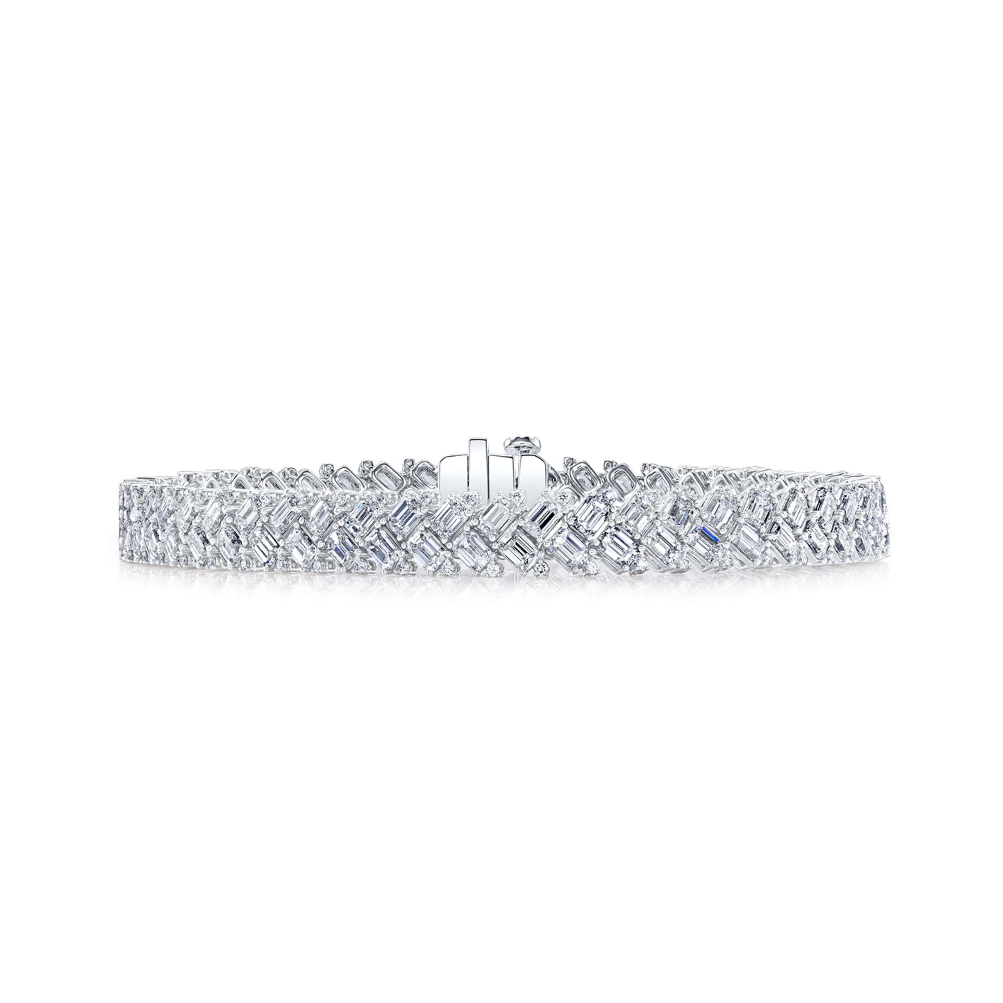 18k White Gold Round and Emerald Cut Diamond Herringbone Bracelet