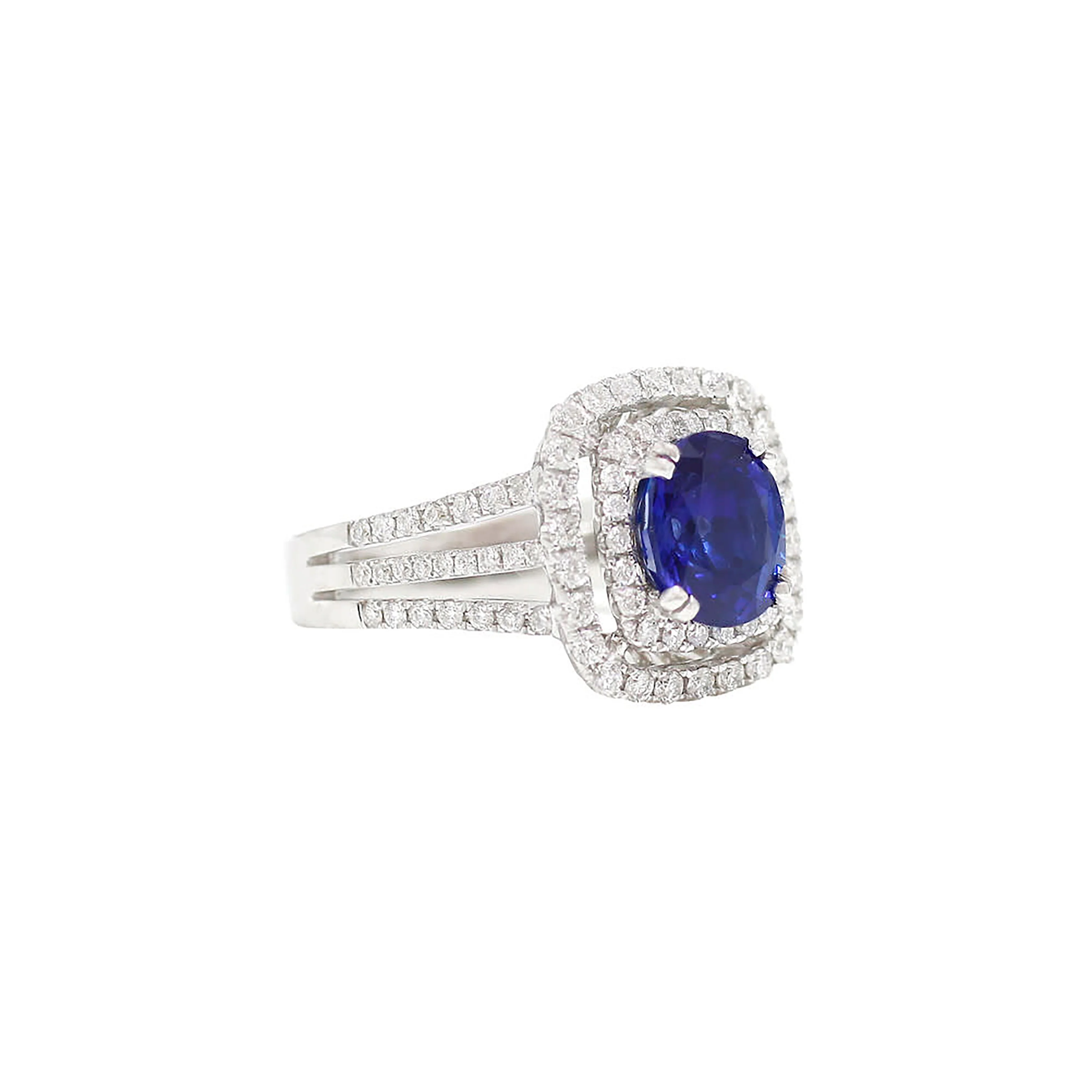 18K White Gold Round Blue Sapphire Center With Double Diamond Halo & Triple Split-Shank Ring - Image 3