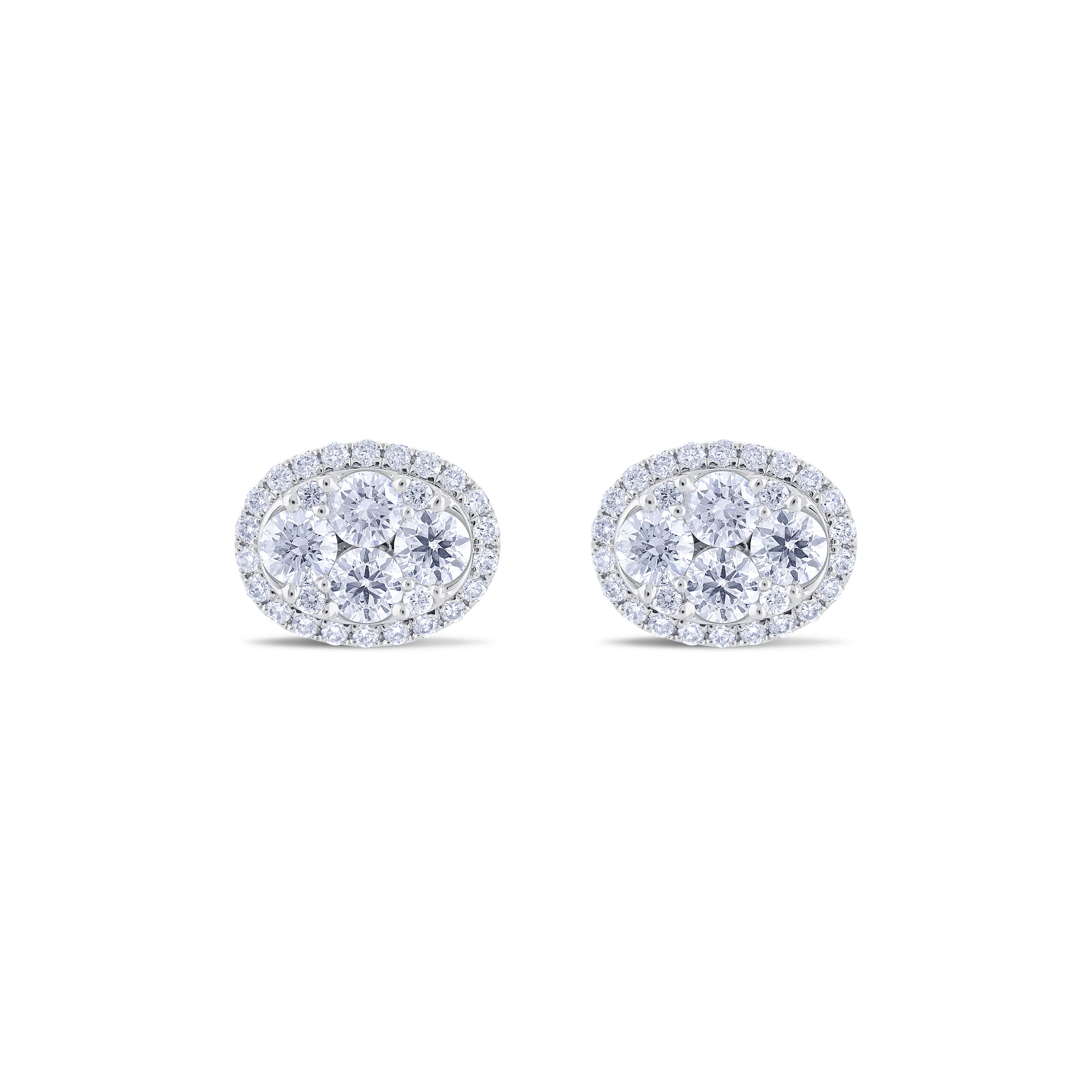 18K White Gold Round Cut Diamond Cluster with Oval Design Earrings