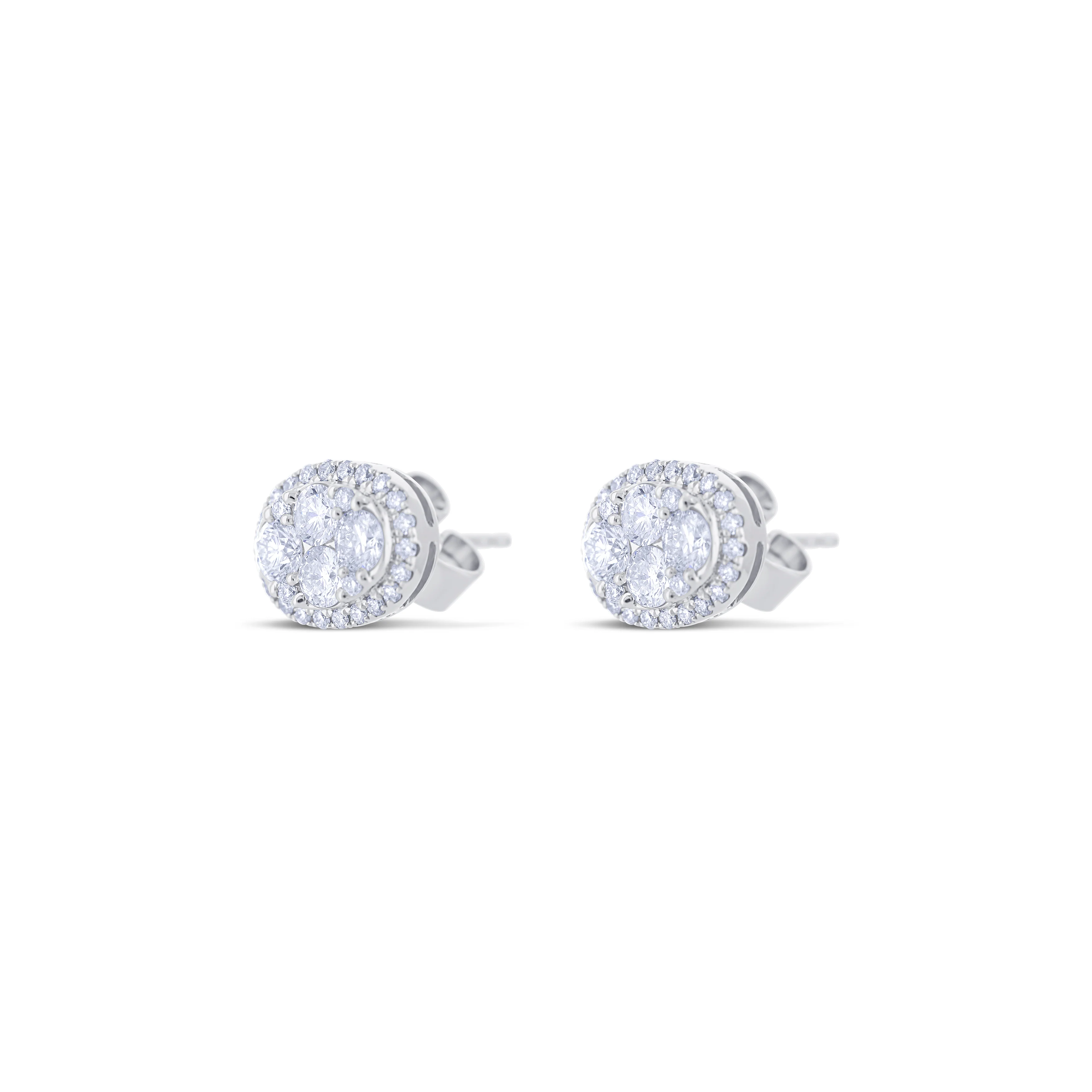 18K White Gold Round Cut Diamond Cluster with Oval Design Earrings - Image 2