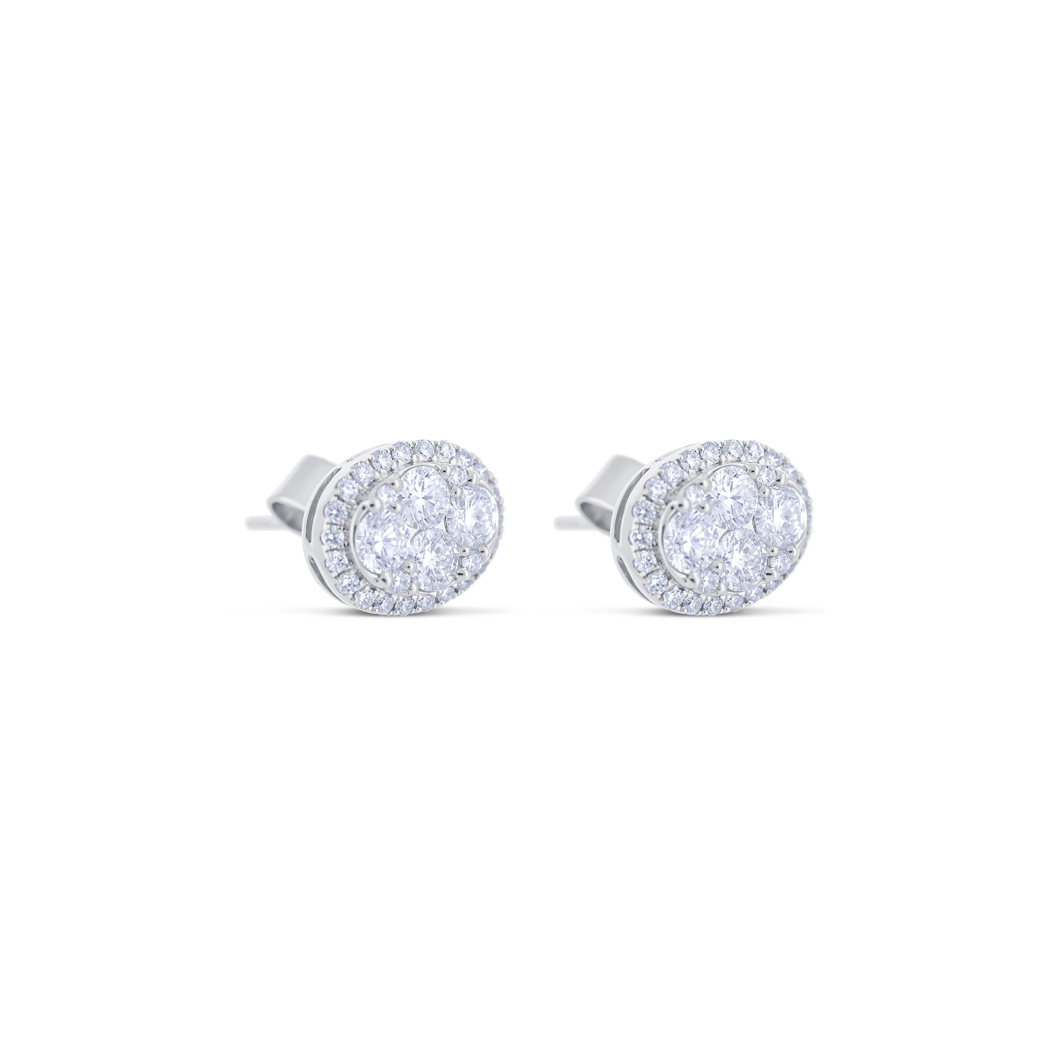 18K White Gold Round Cut Diamond Cluster with Oval Design Earrings - Image 3