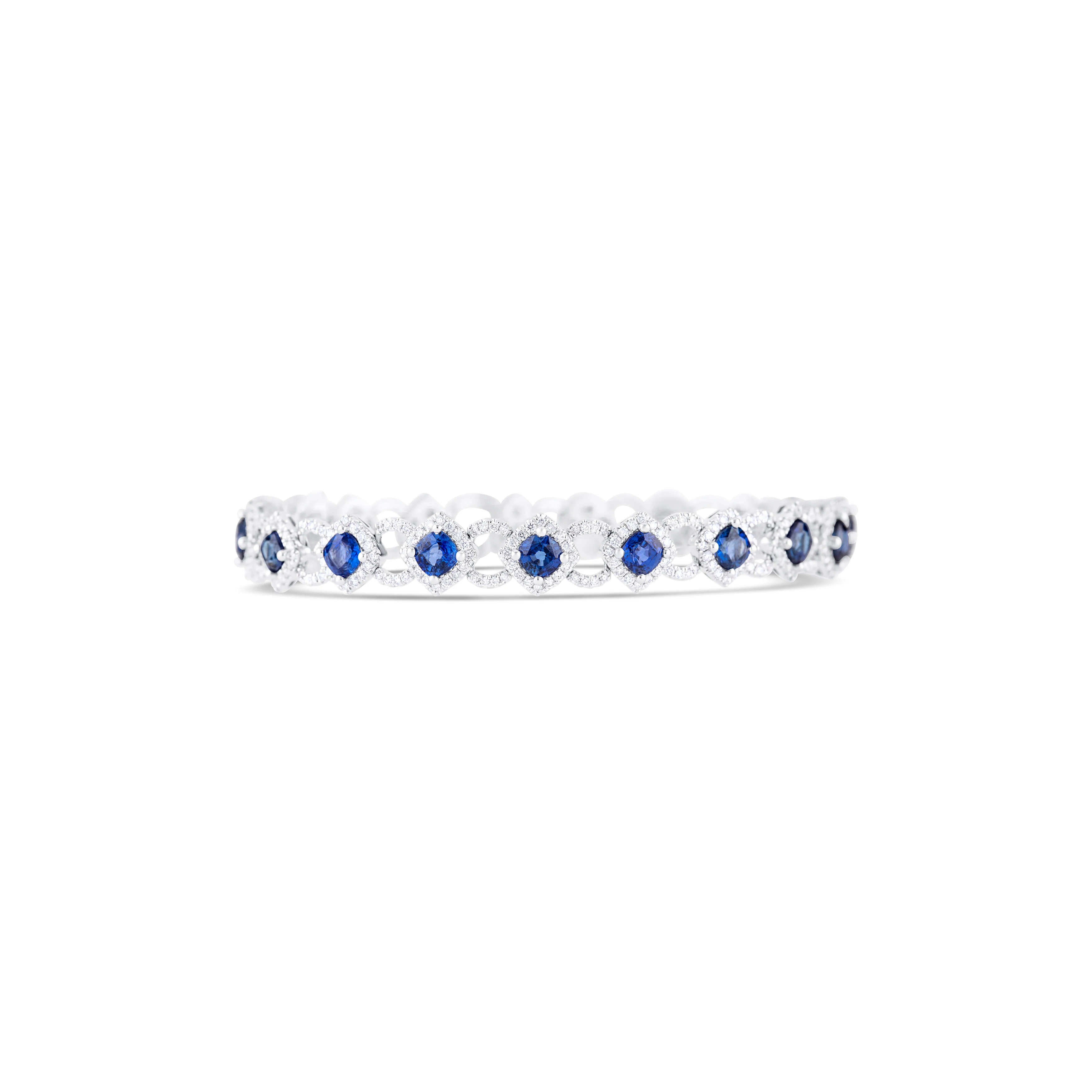 18K White Gold Round Diamond and Round Sapphire Link Bracelet - Image 3