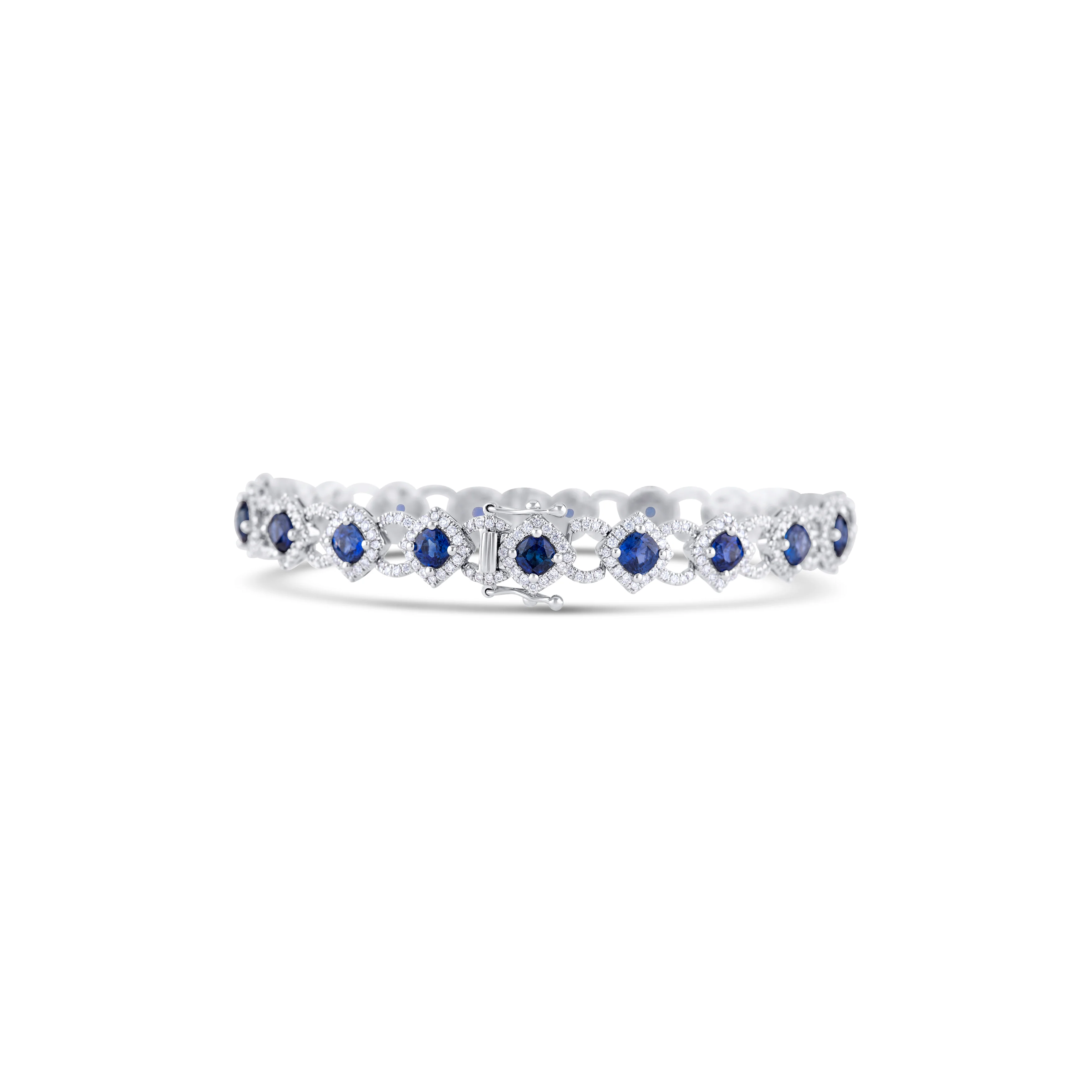 18K White Gold Round Diamond and Round Sapphire Link Bracelet - Image 4