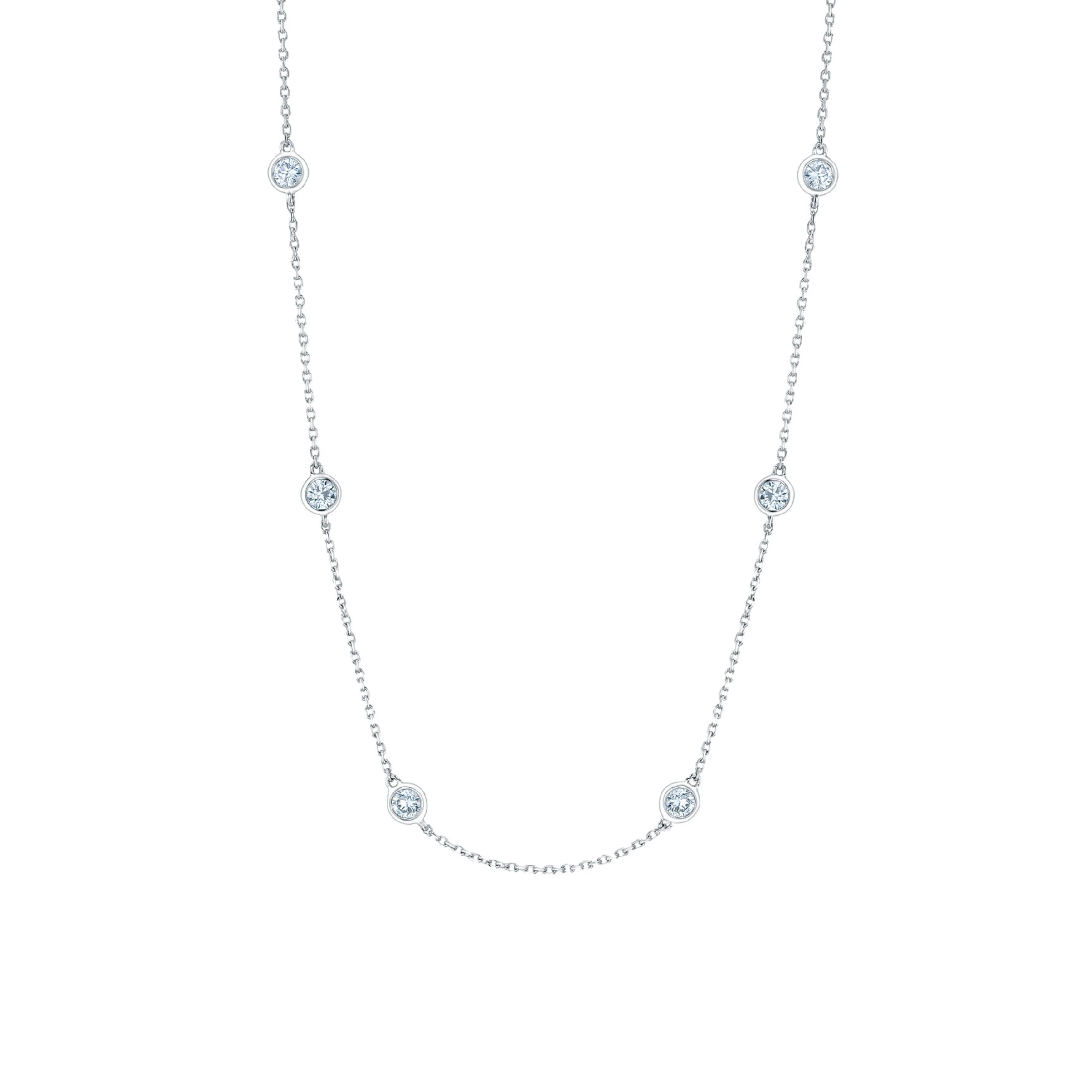 18k White Gold Round Diamond By the Yard Bezel Set Necklace
