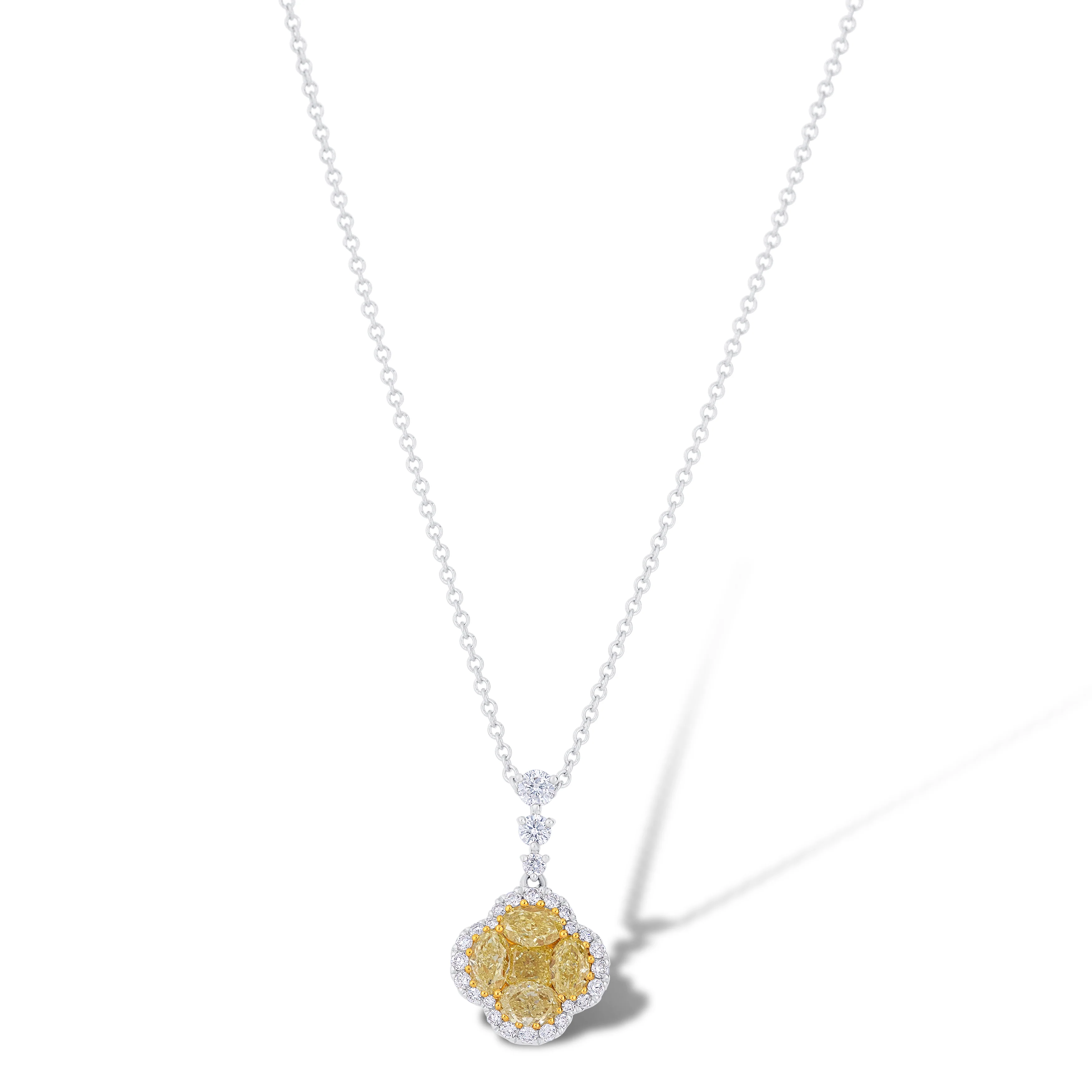 18K White and Yellow Gold Fancy Yellow and Diamond Halo Clover Necklace
