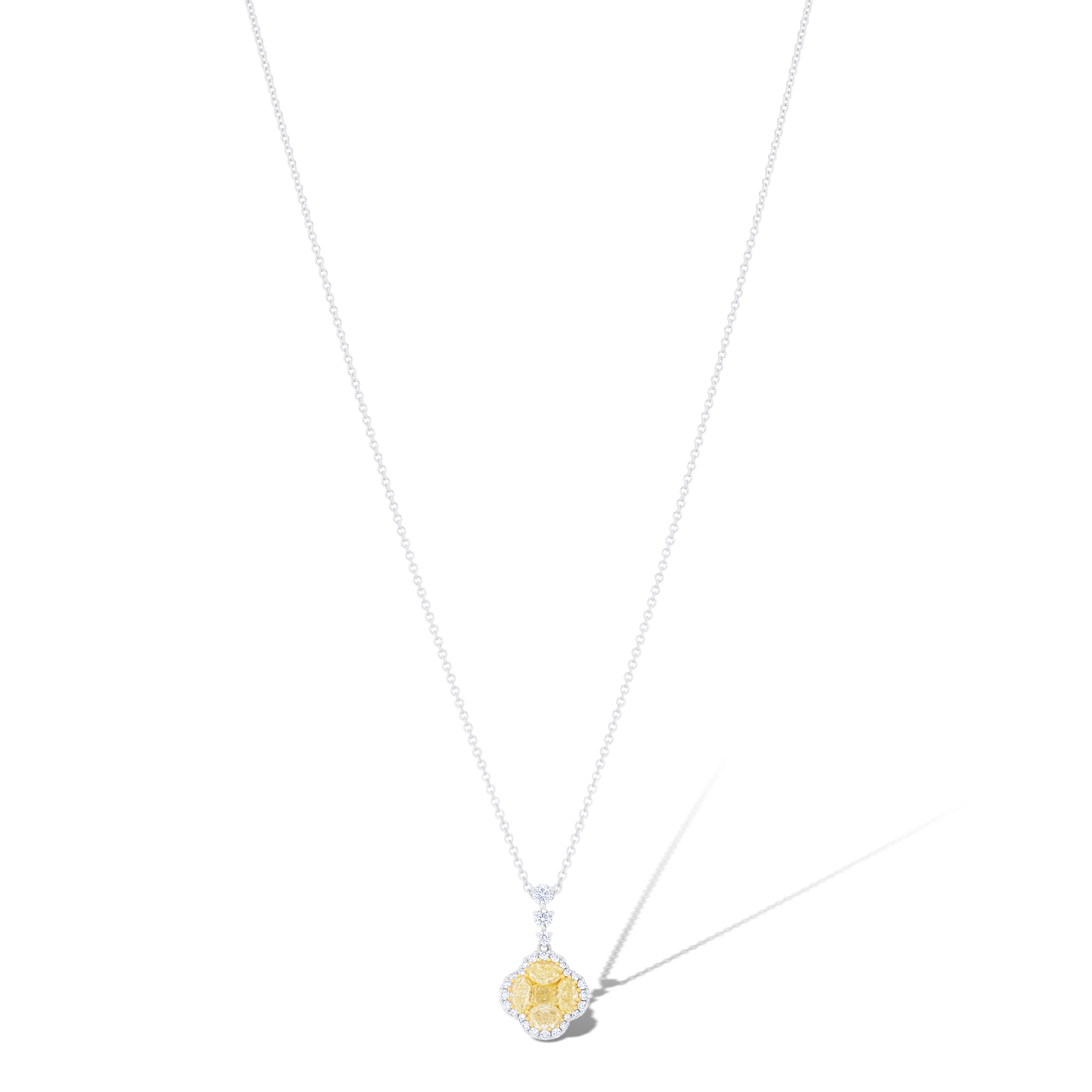 18K White and Yellow Gold Fancy Yellow and Diamond Halo Clover Necklace - Image 2