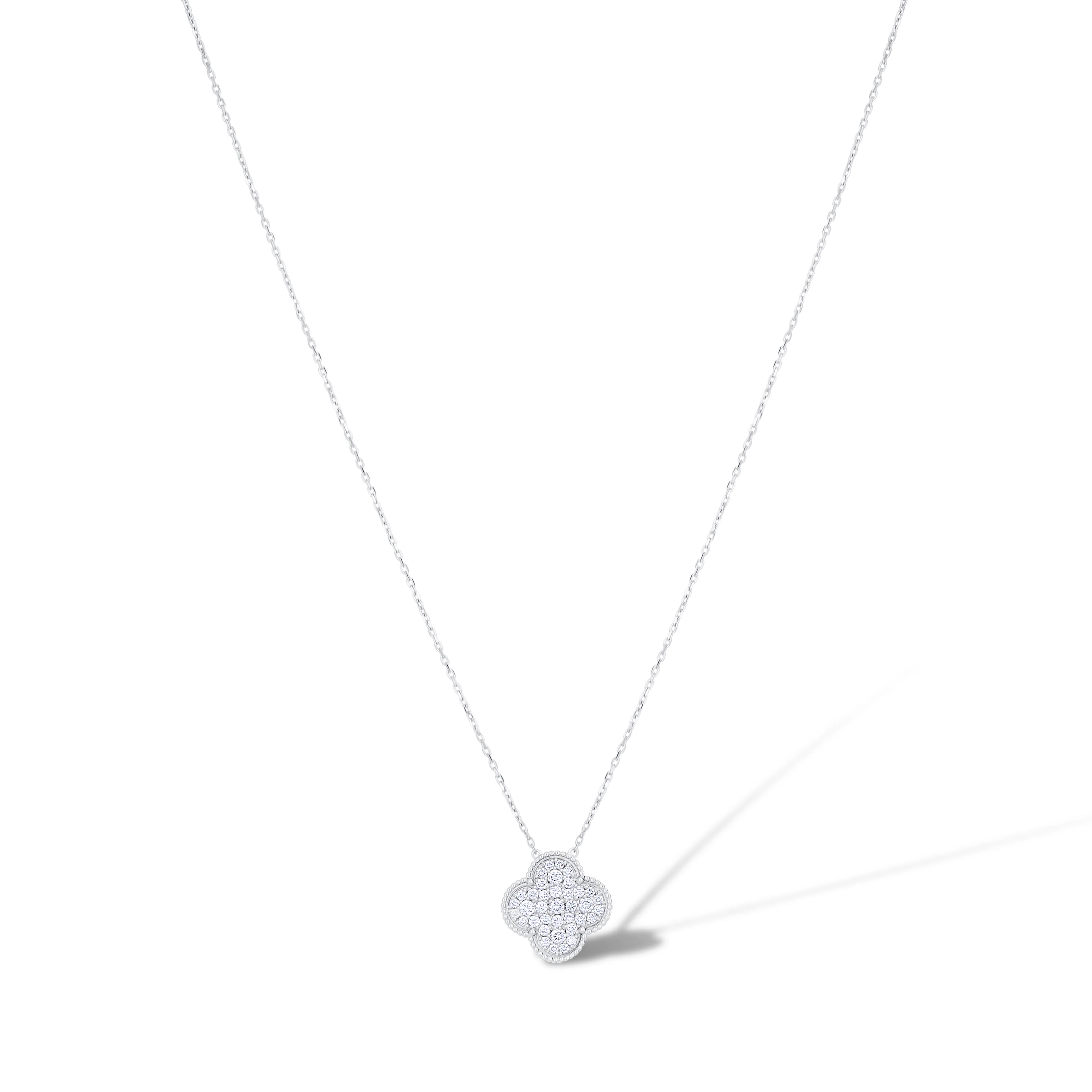 18K White Gold Round Diamond Clover Necklace