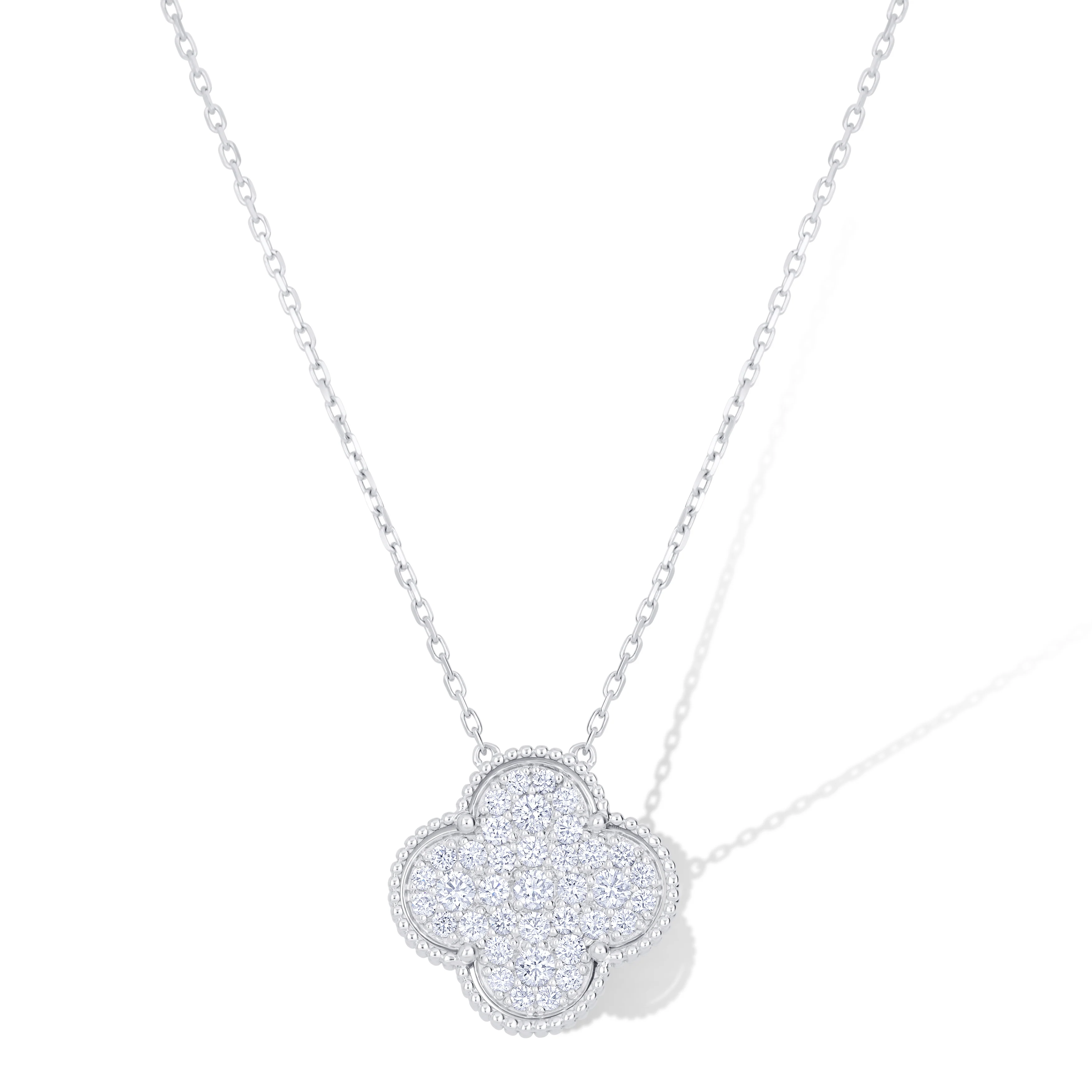 18K White Gold Round Diamond Clover Necklace - Image 2
