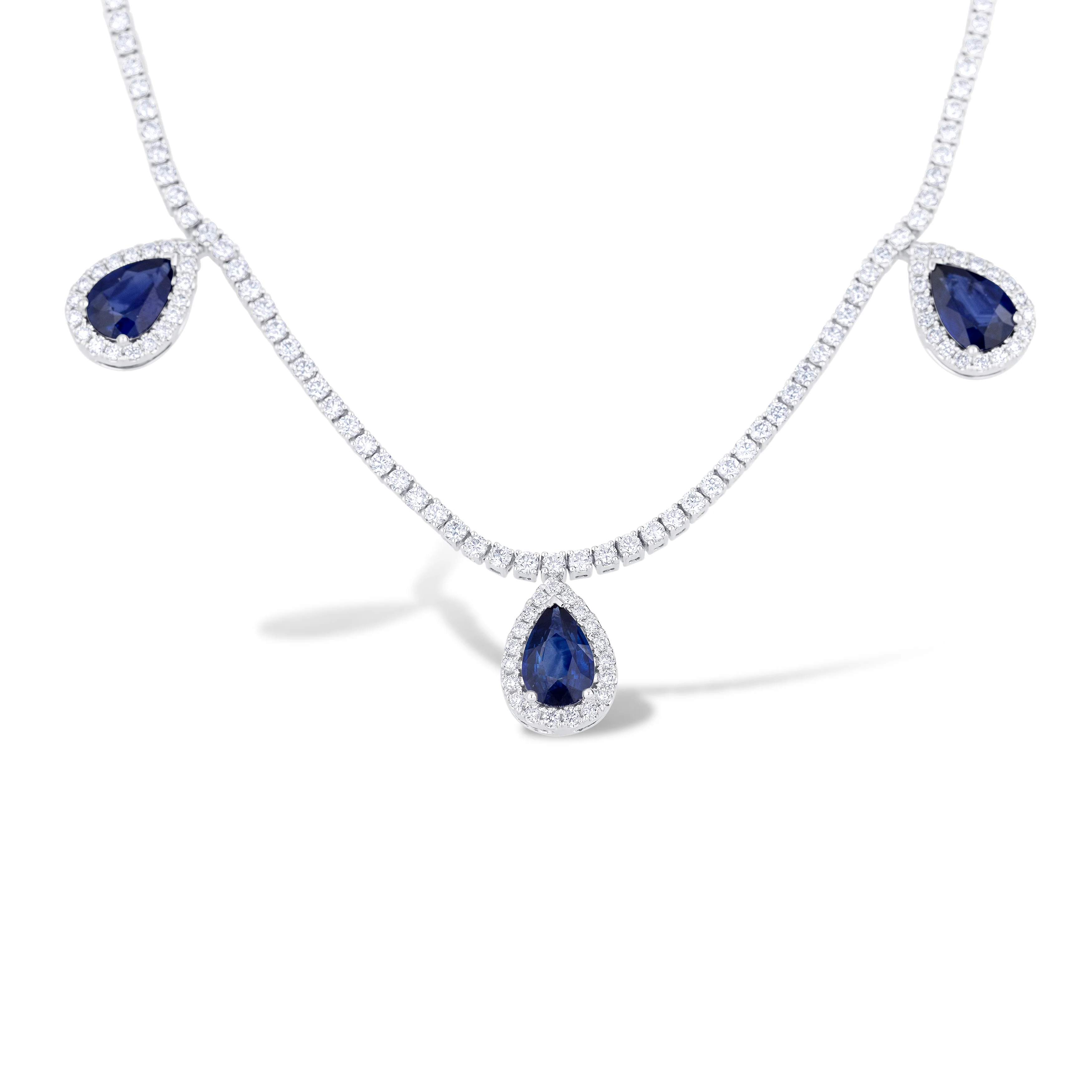 18K White Gold Round Diamond with Sapphire Drops Necklace