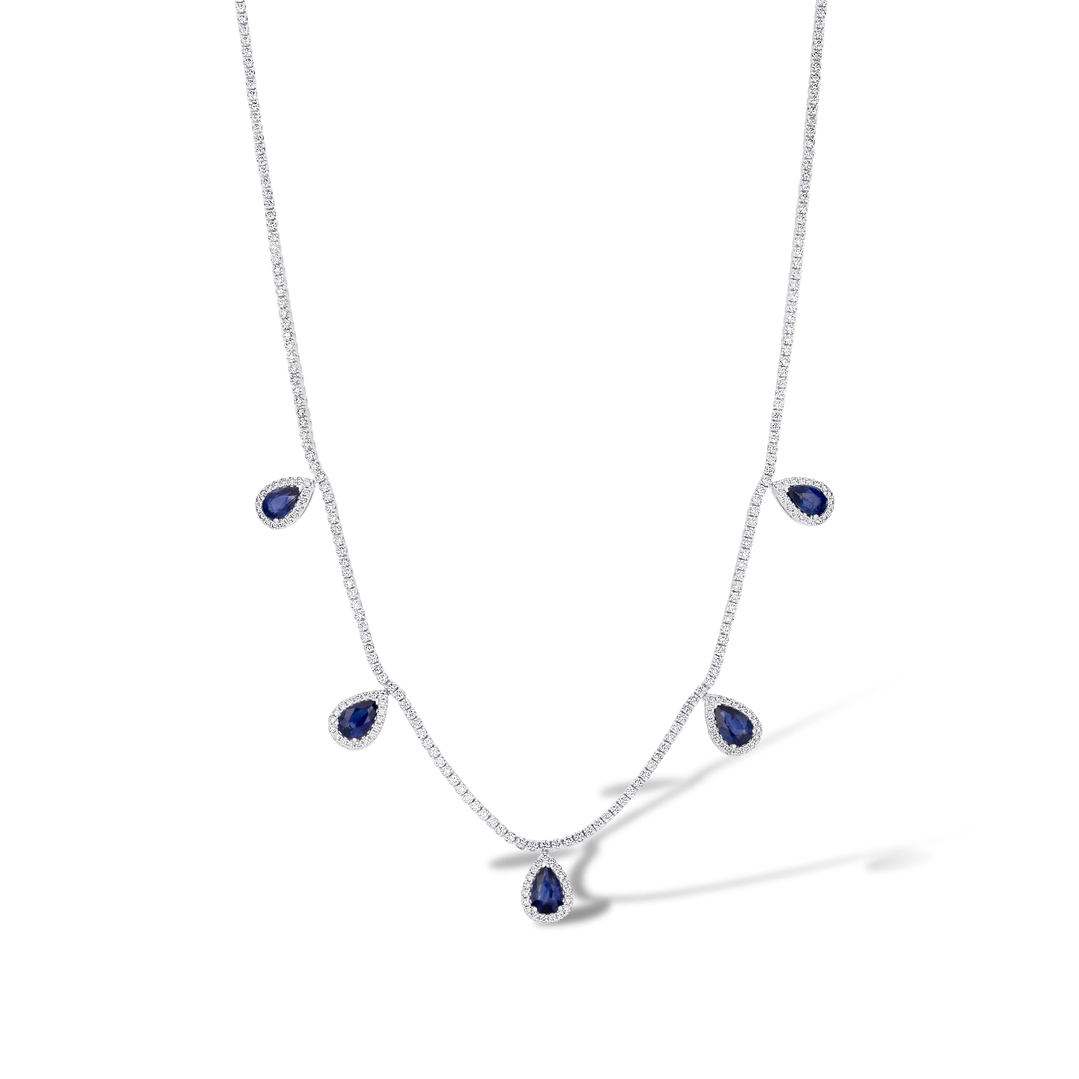 18K White Gold Round Diamond with Sapphire Drops Necklace - Image 2