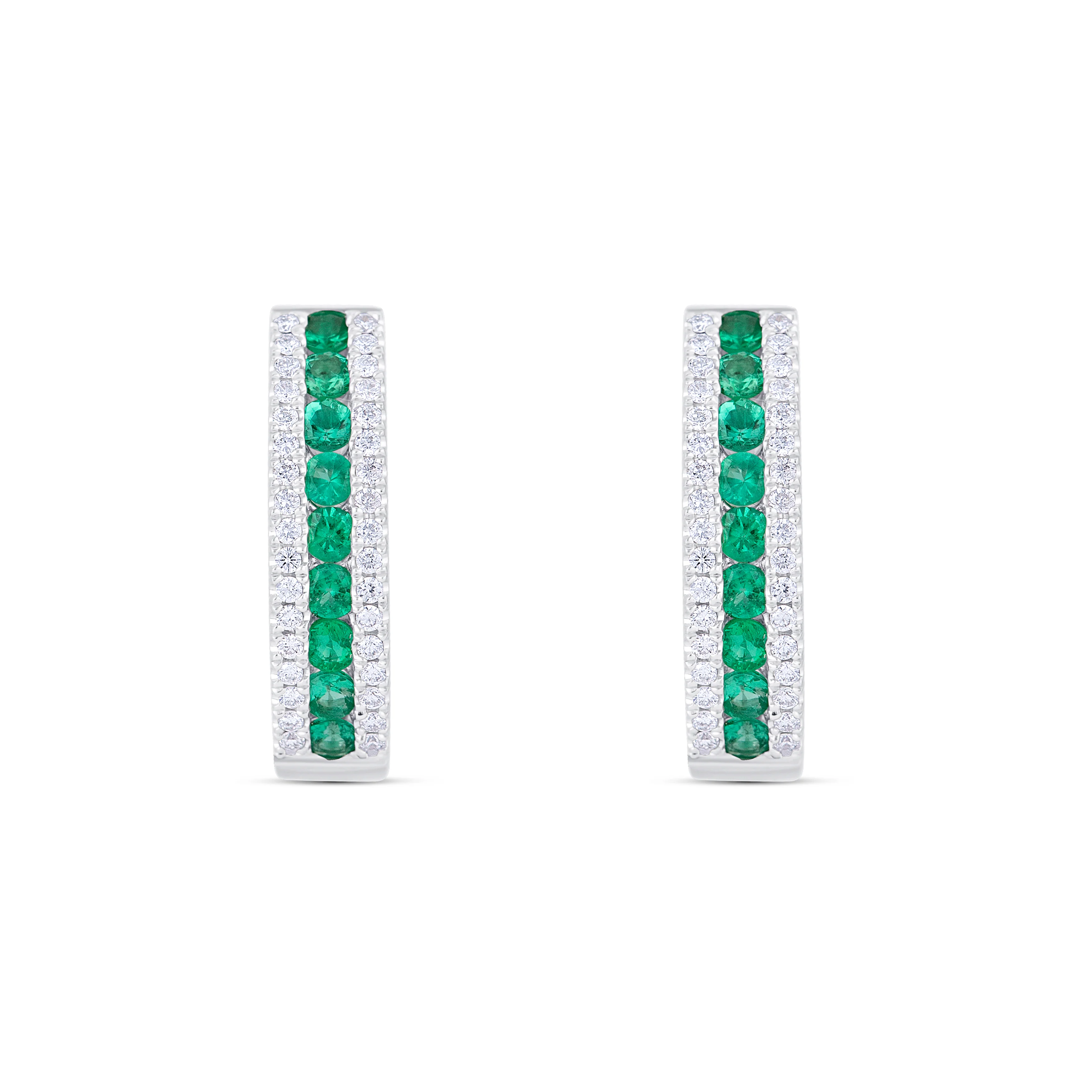 18K White Gold Round Emerald and Multi Shape Diamond Huggie Earrings