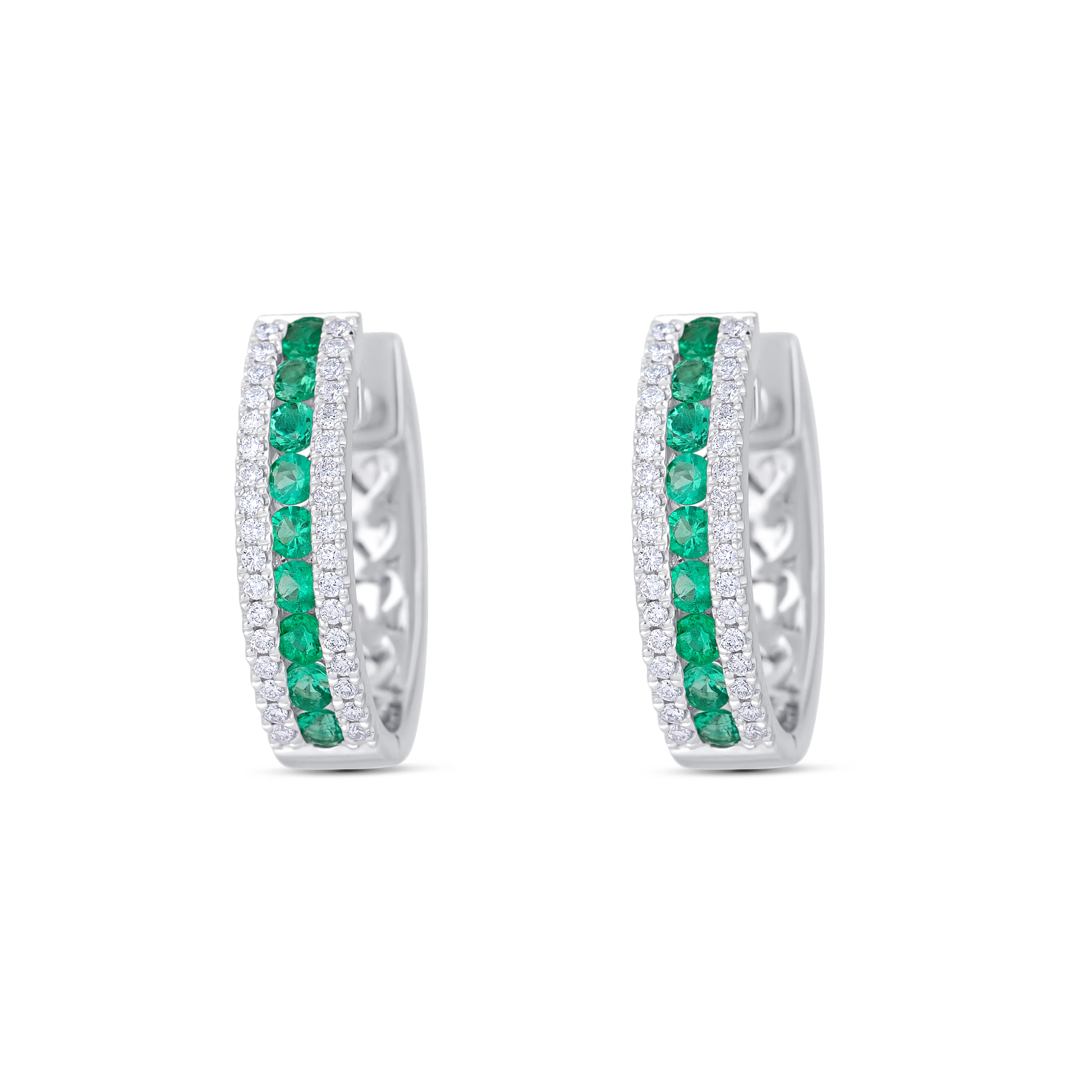18K White Gold Round Emerald and Multi Shape Diamond Huggie Earrings - Image 2