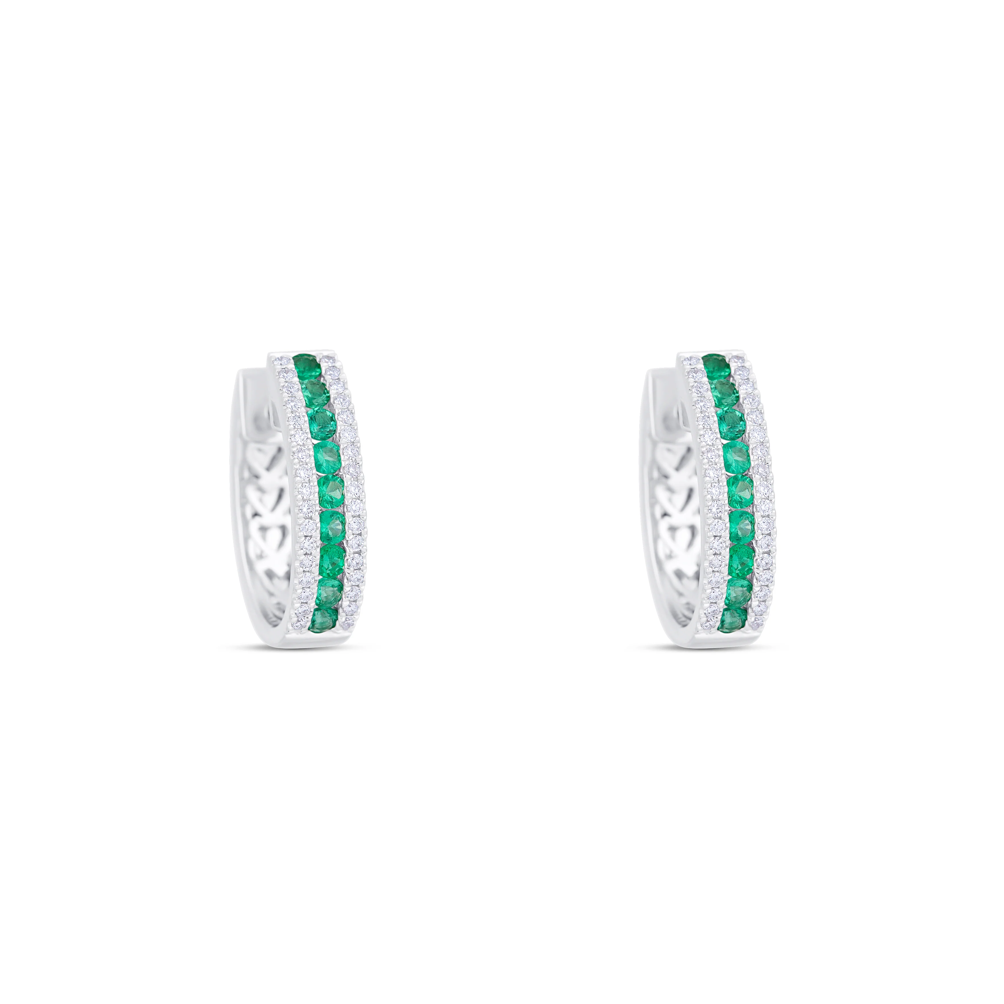 18K White Gold Round Emerald and Multi Shape Diamond Huggie Earrings - Image 3