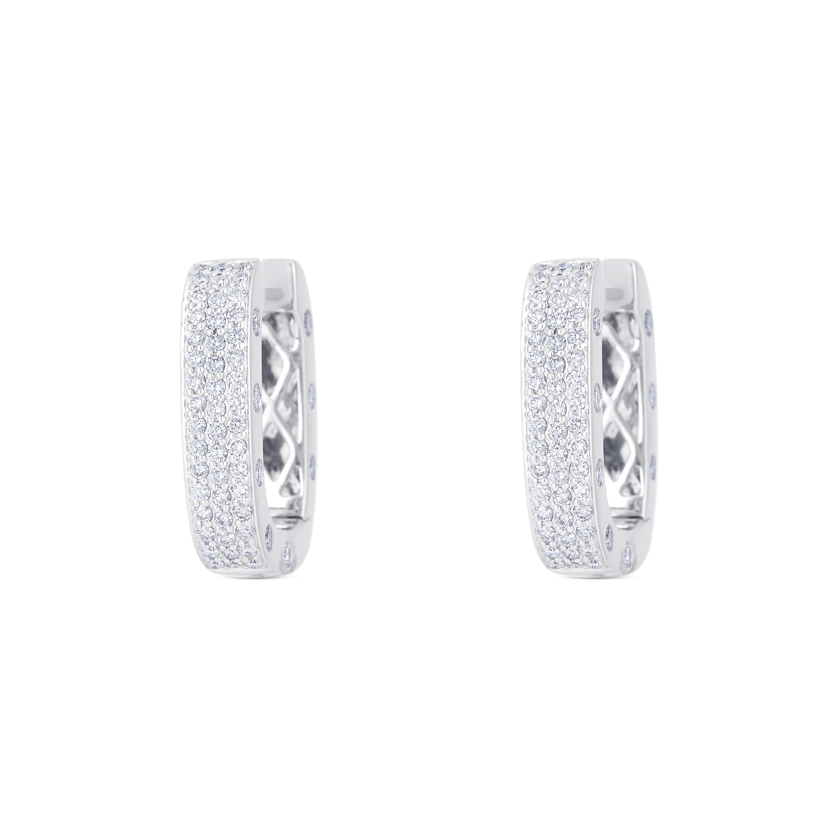 18K White Gold Round Pave Diamond Huggie Earrings - Image 2