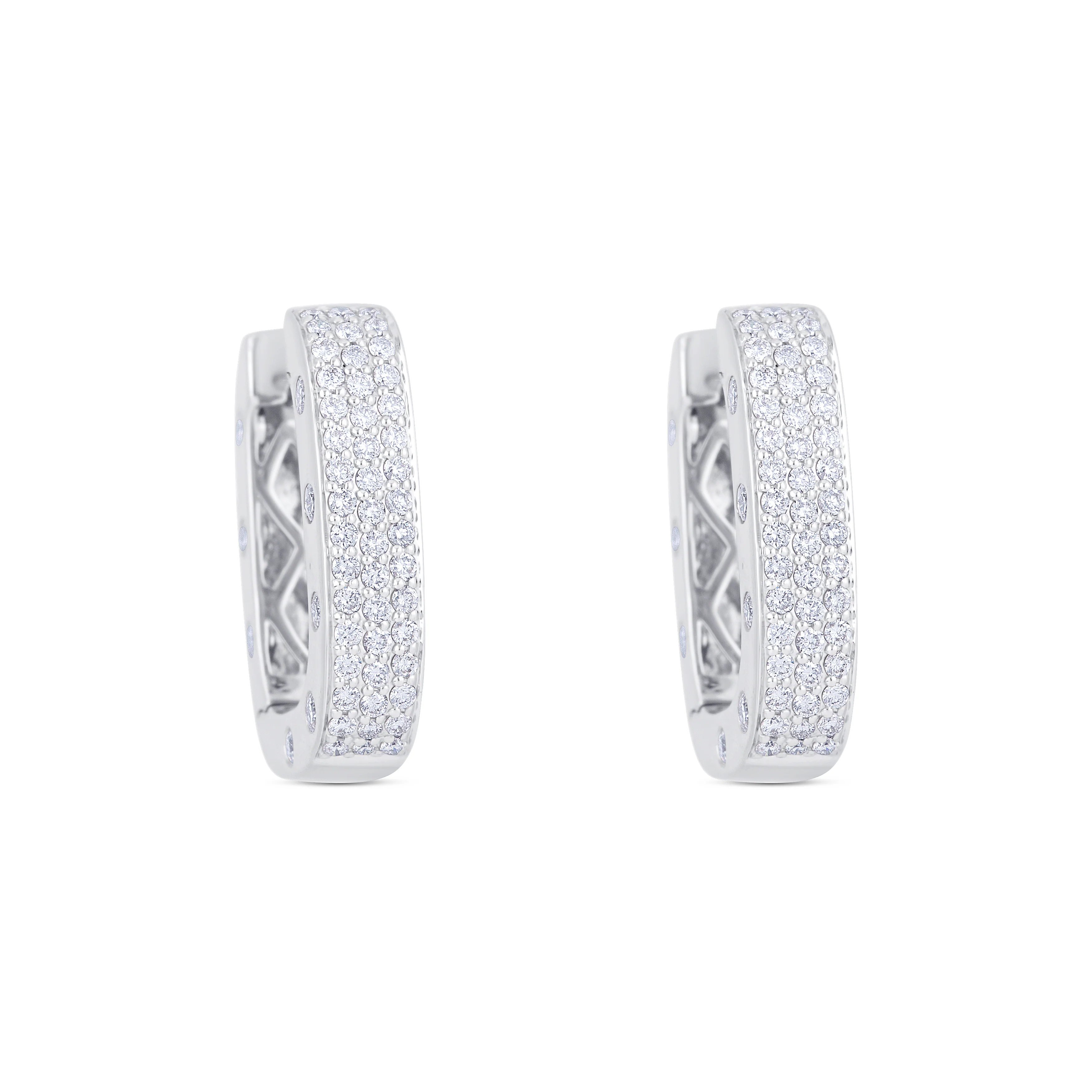 18K White Gold Round Pave Diamond Huggie Earrings - Image 3