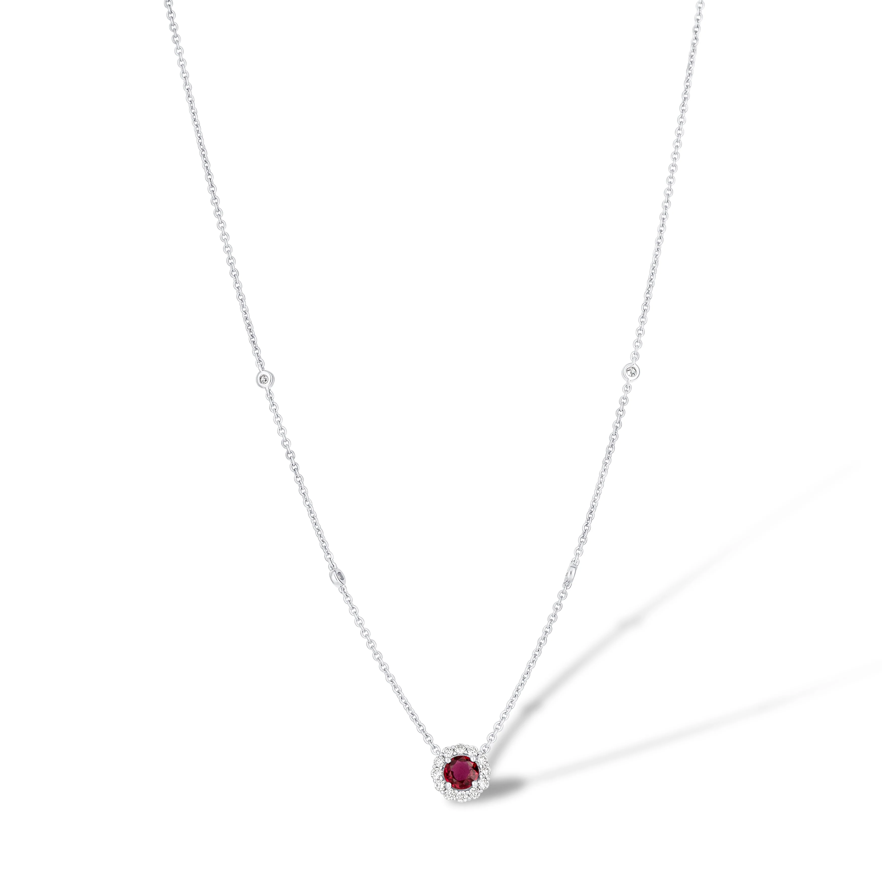 18K White Gold Round Ruby Diamond with Diamond Halo Necklace - Image 2