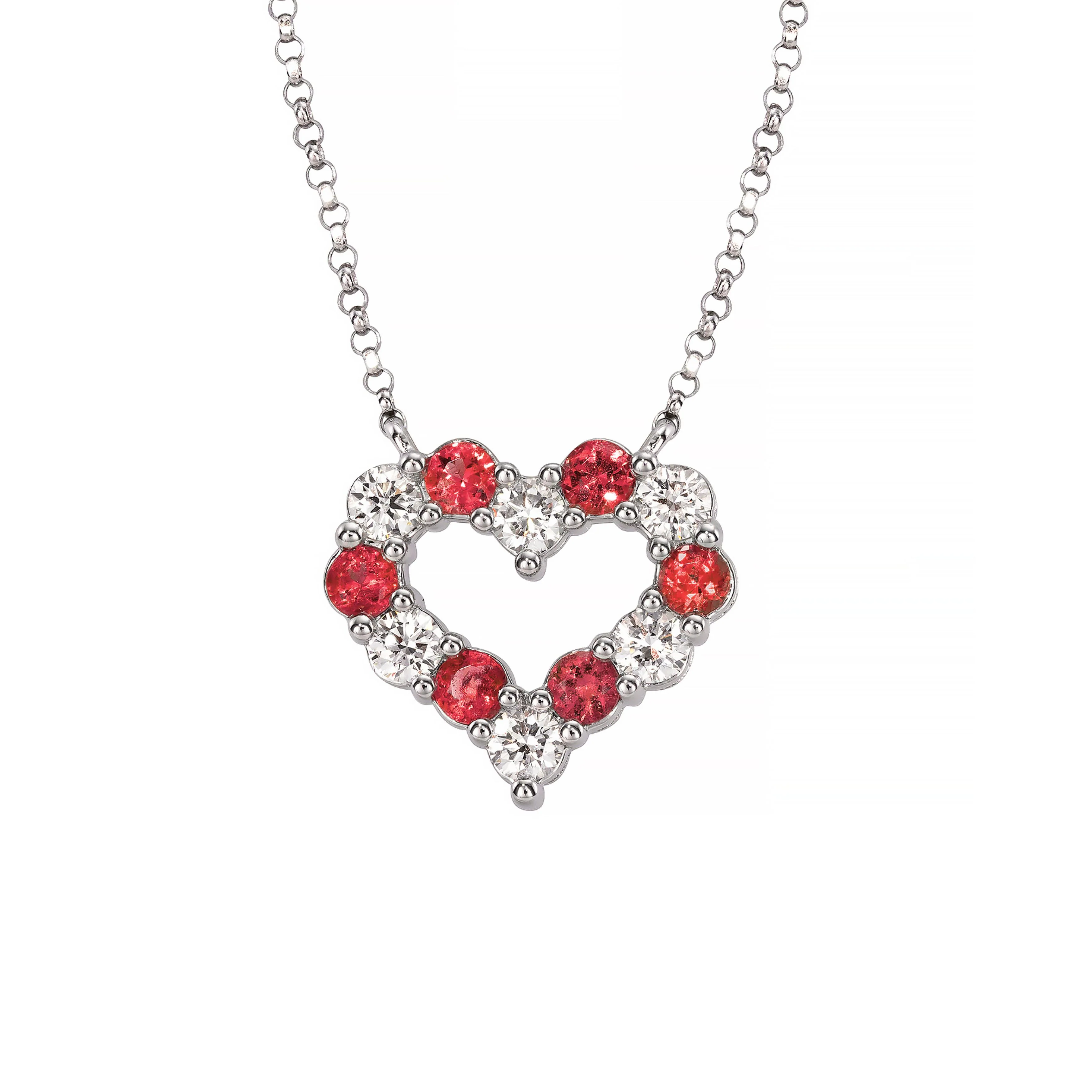 18k White Gold Ruby and Diamond Alternating Heart Necklace