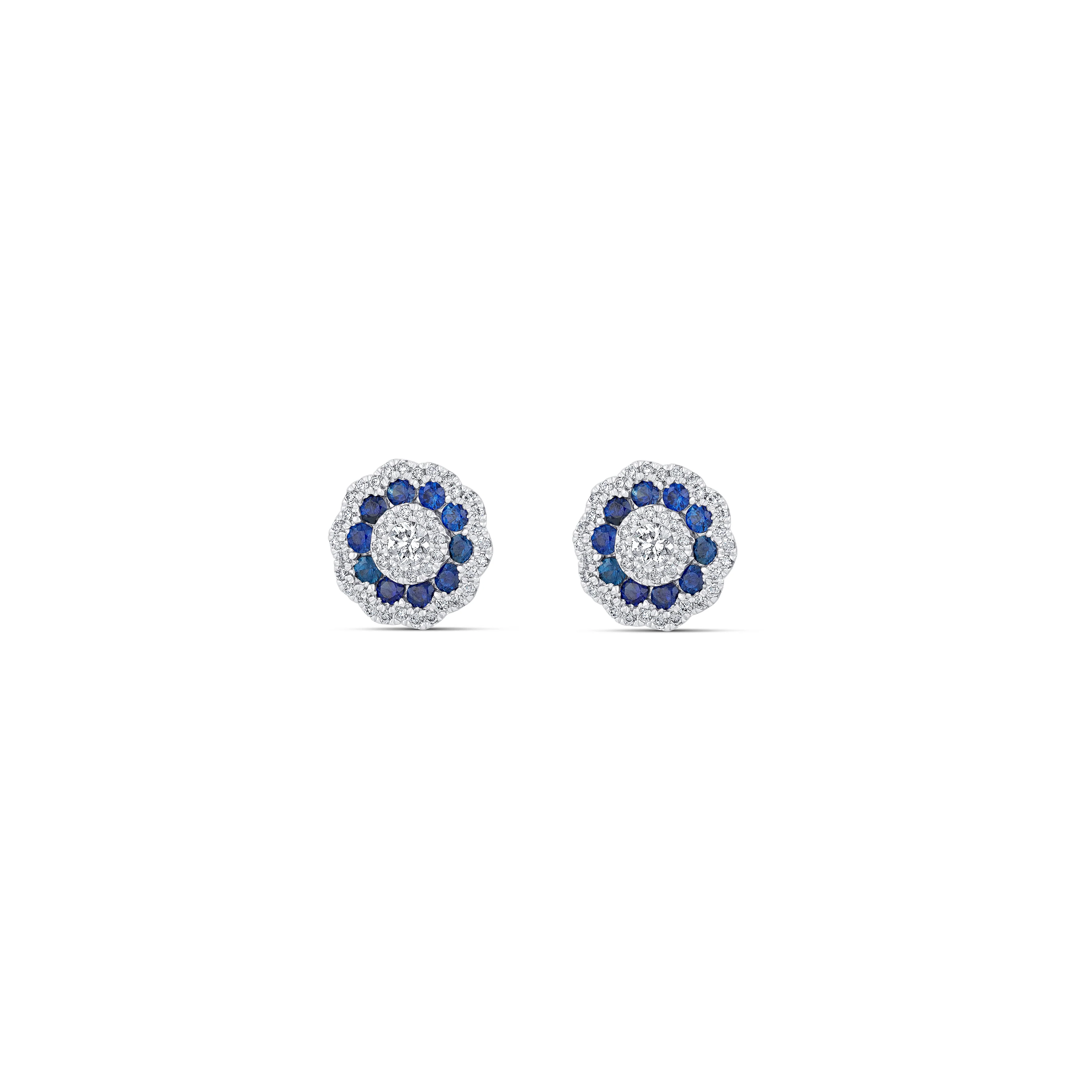 18K White Gold Sapphire & Diamond Flower Stud Earrings - Image 2