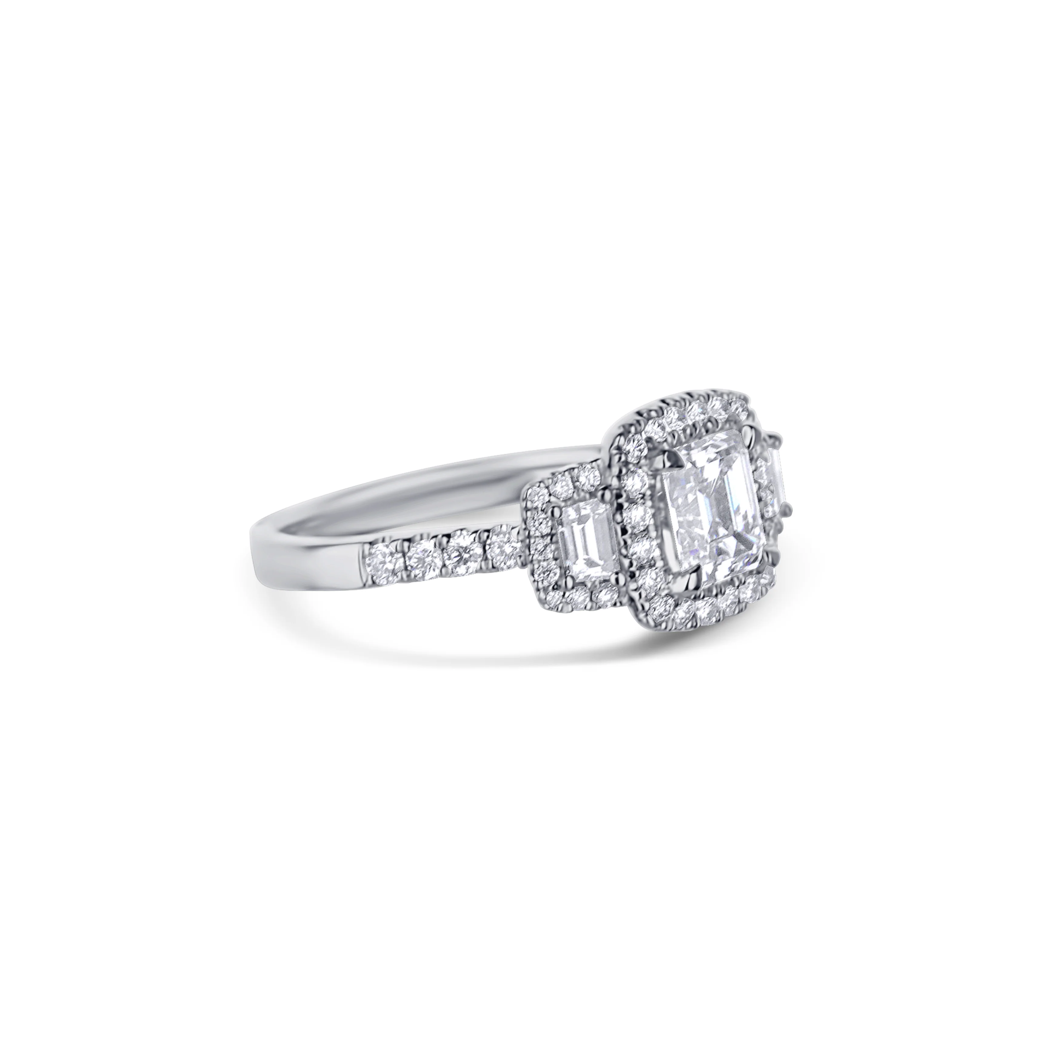 18K White Gold Three Stone Emerald Cut Diamond Engagement Ring With Halo & Diamonds In Side Shank - Image 3