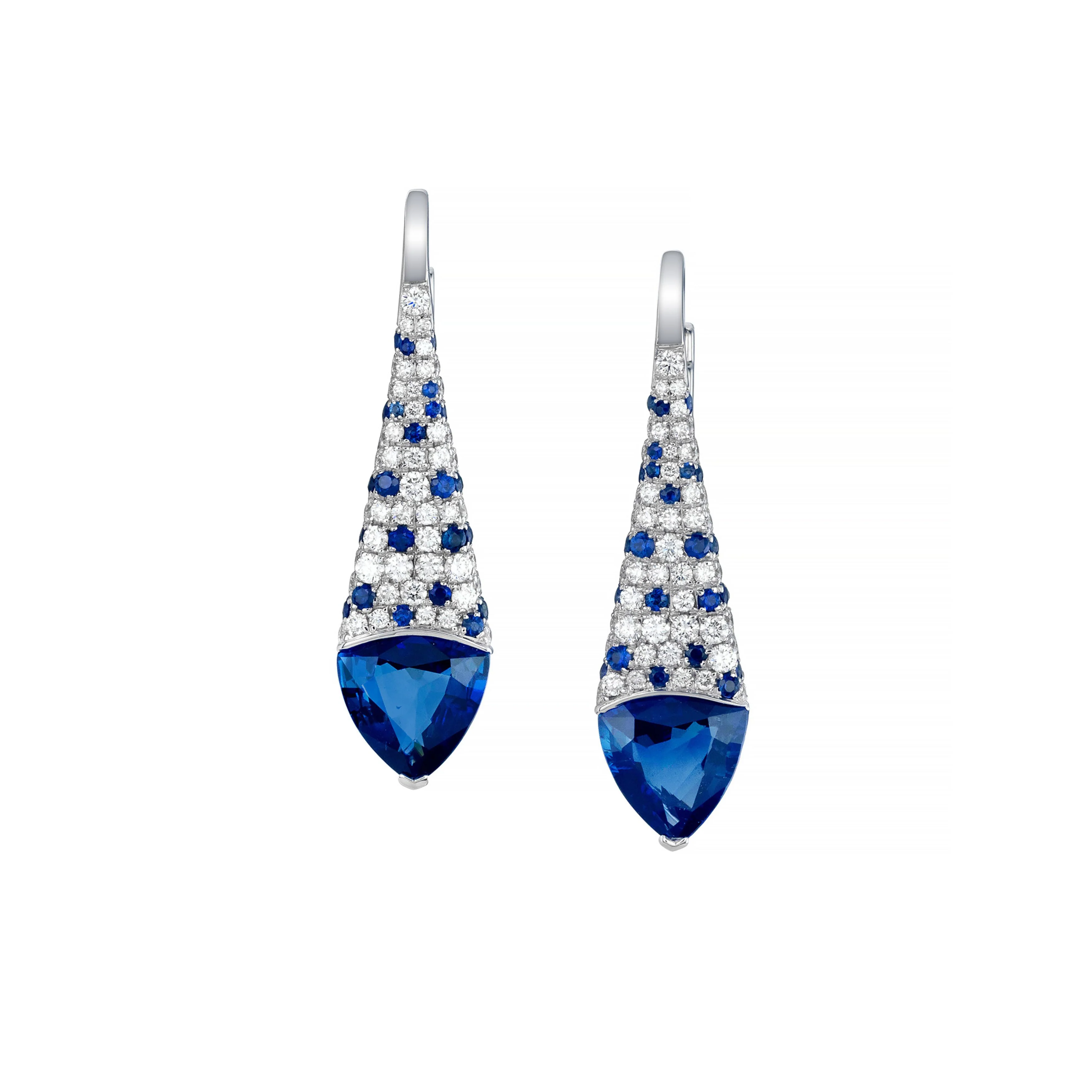 18k White Gold Trillion Sapphire and Diamond Pavé Dangle Earrings
