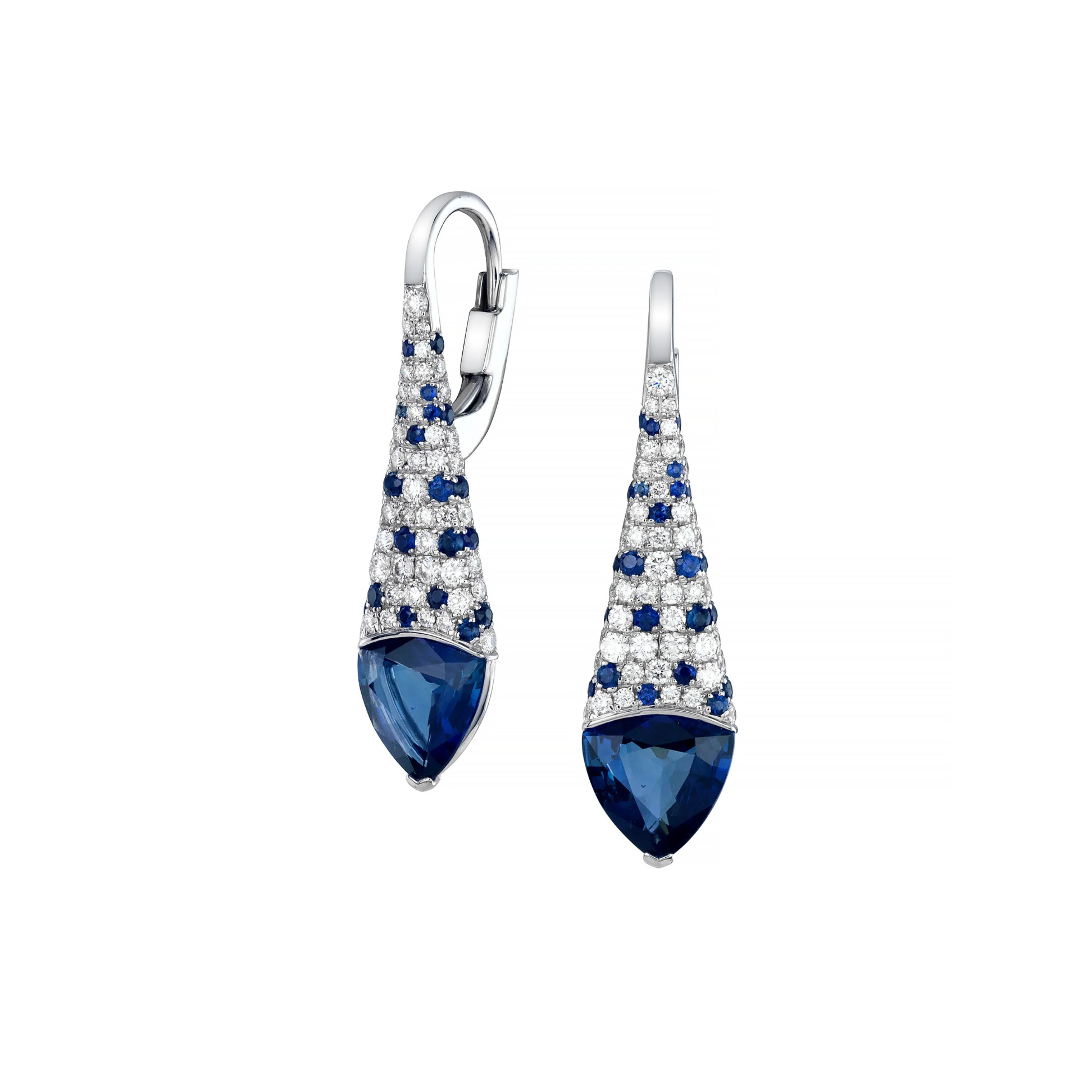 18k White Gold Trillion Sapphire and Diamond Pavé Dangle Earrings - Image 2