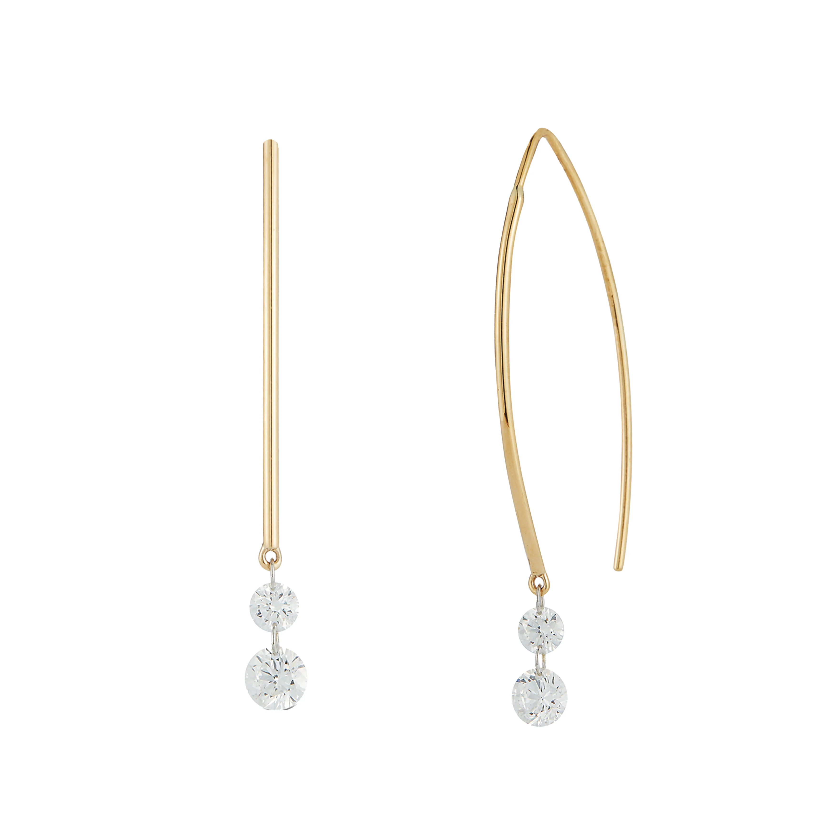 18k Yellow Gold and Platinum Pierced Diamond Spearhook Double Dangle Earrings