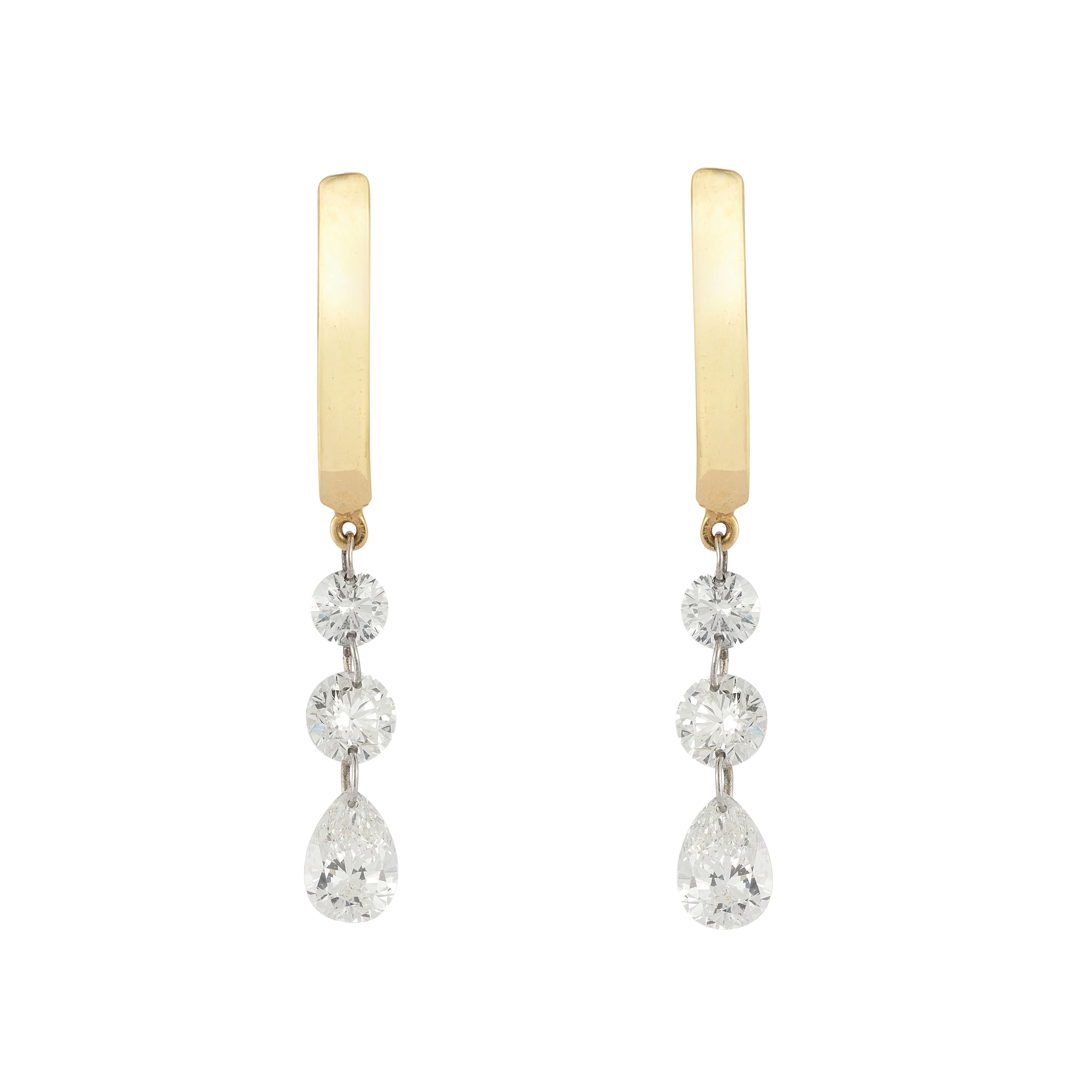18k Yellow Gold and Platinum Trio Pear and Round Pierced Diamond Dangle Earrings