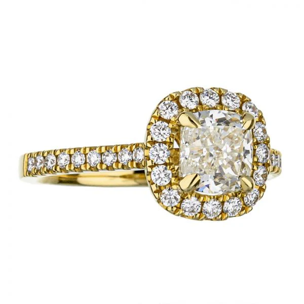 18K Yellow Gold Cushion Cut Diamond Halo Engagement Ring - Image 3