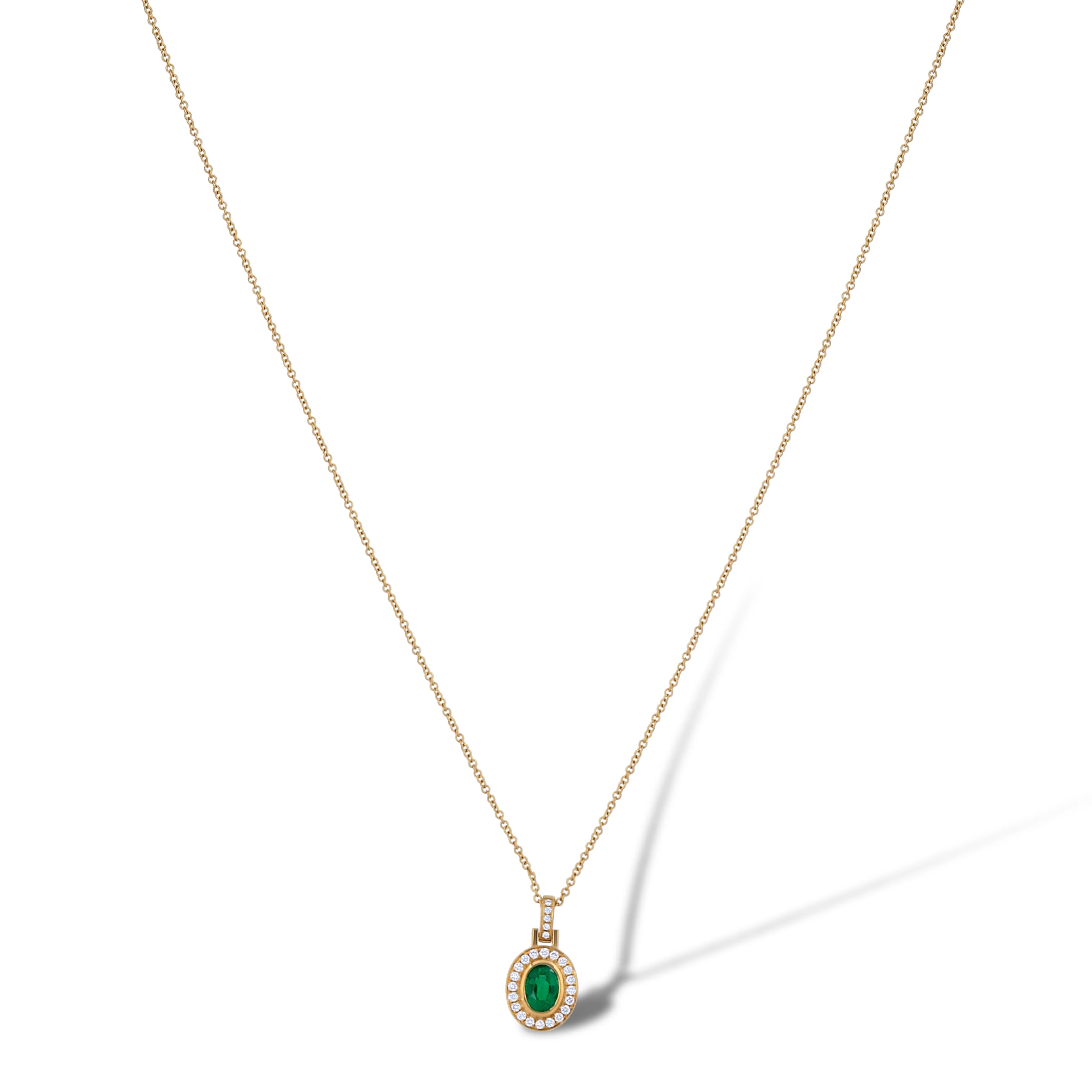 18K Yellow Gold Oval Emerald and Multi Shape Diamond Oval Pendant Necklace