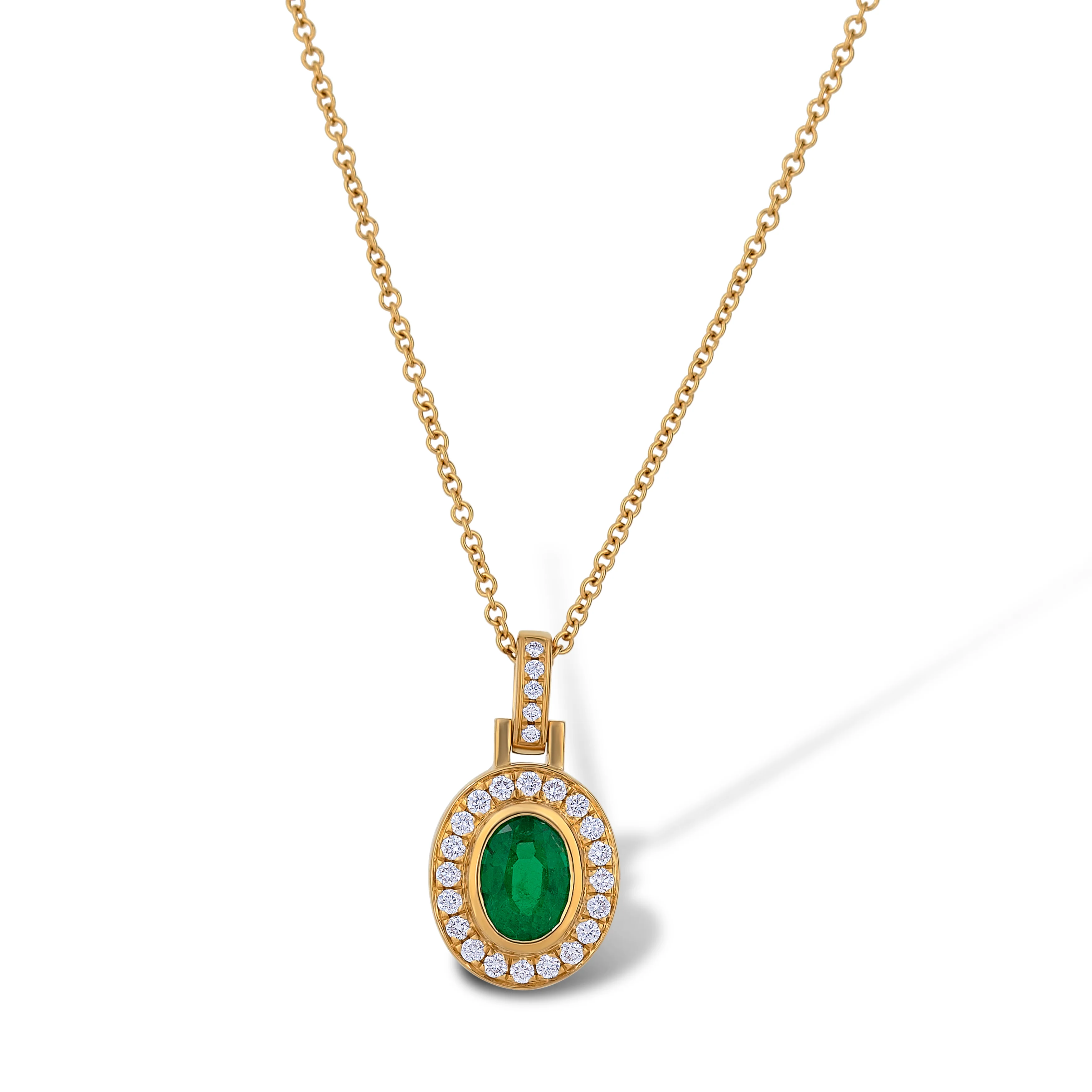 18K Yellow Gold Oval Emerald and Multi Shape Diamond Oval Pendant Necklace - Image 2