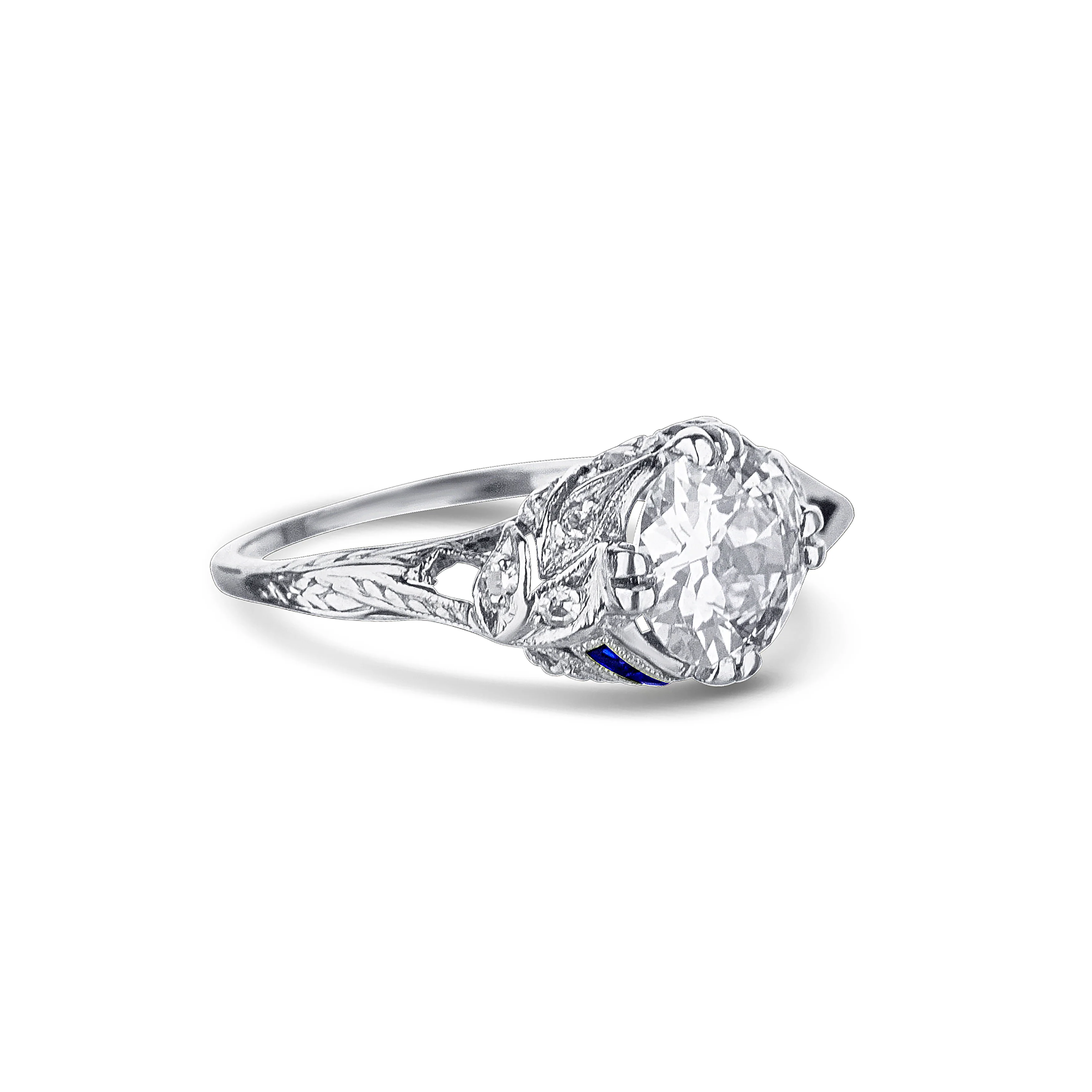 Art Deco Style Diamond Engagement Ring In Platinum With Blue Sapphire Detailing - Image 3