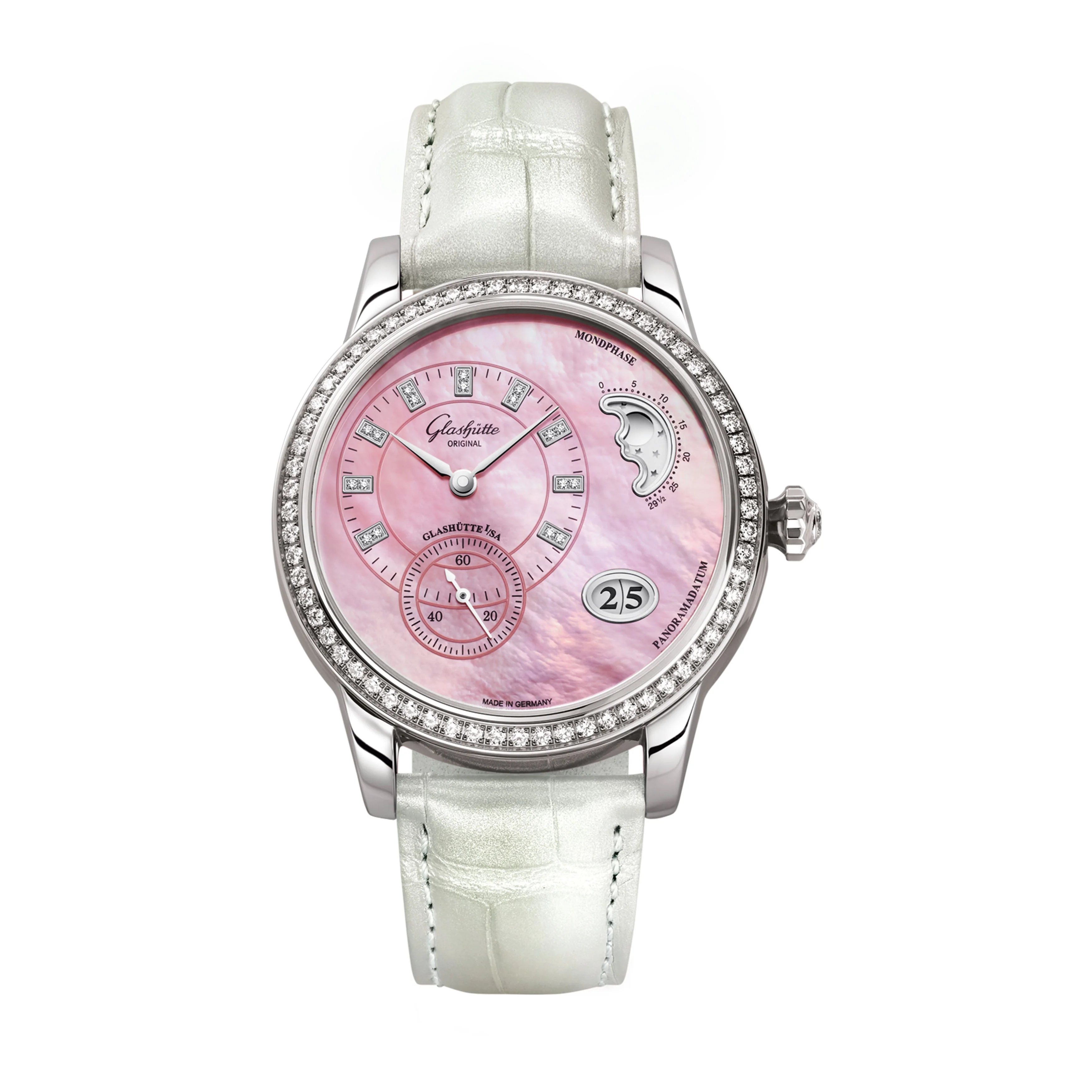 Glashutte Original Ladies PanoMatic Luna Watch, 39.4mm Pink Mother of Pearl Dial, 1-90-12-04-12-01