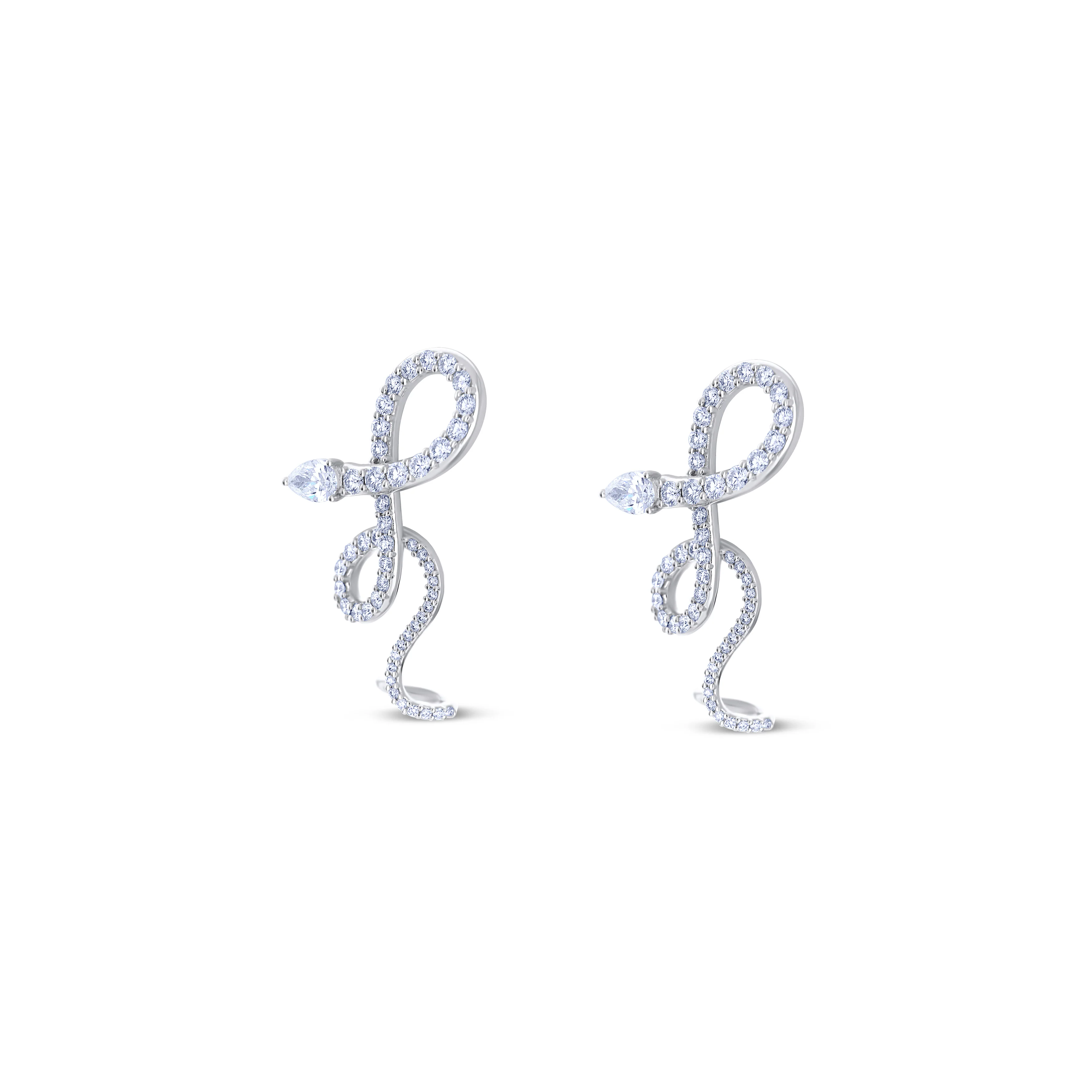 18K White Gold Round and Pear Shape Diamond Snake Earrings