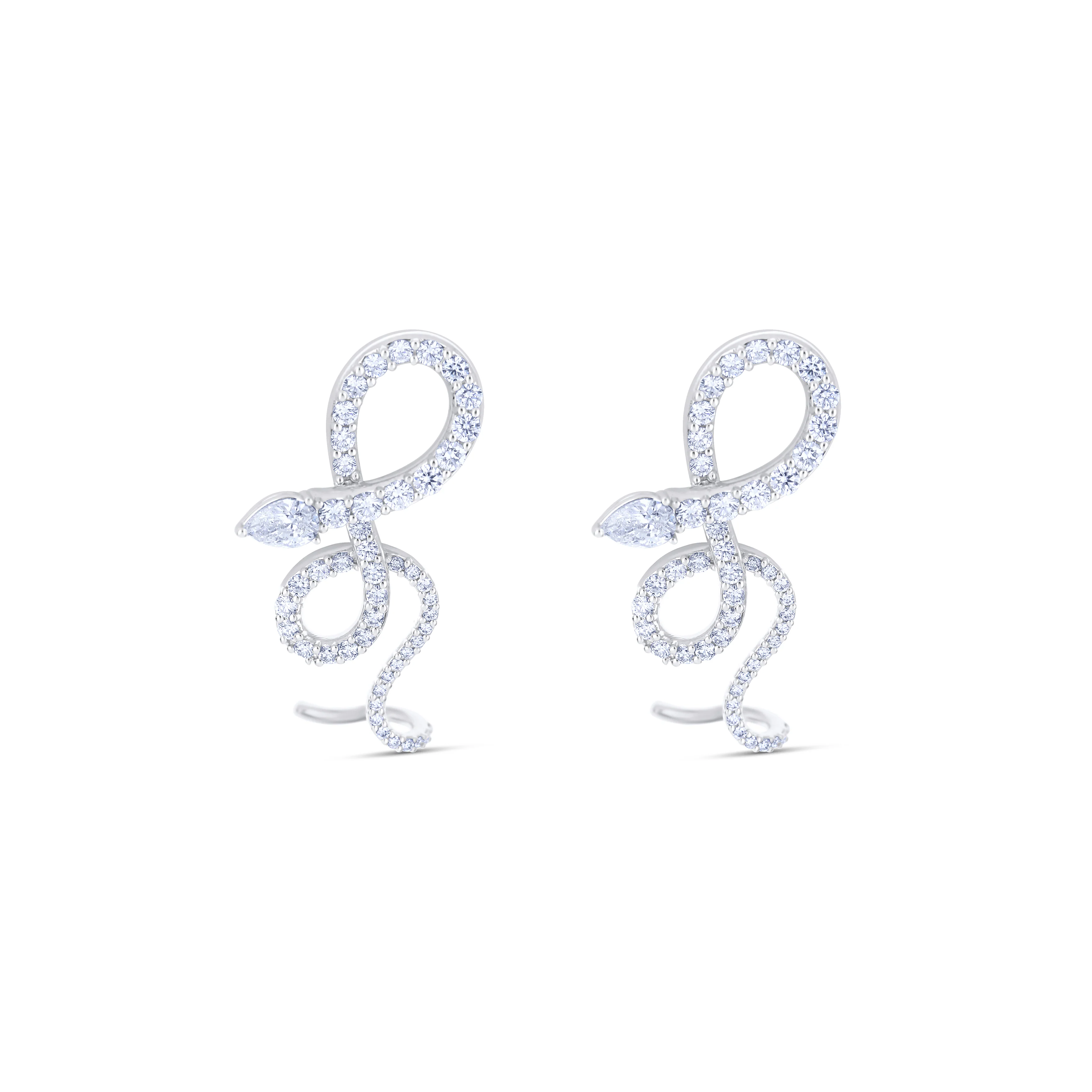 18K White Gold Round and Pear Shape Diamond Snake Earrings - Image 2