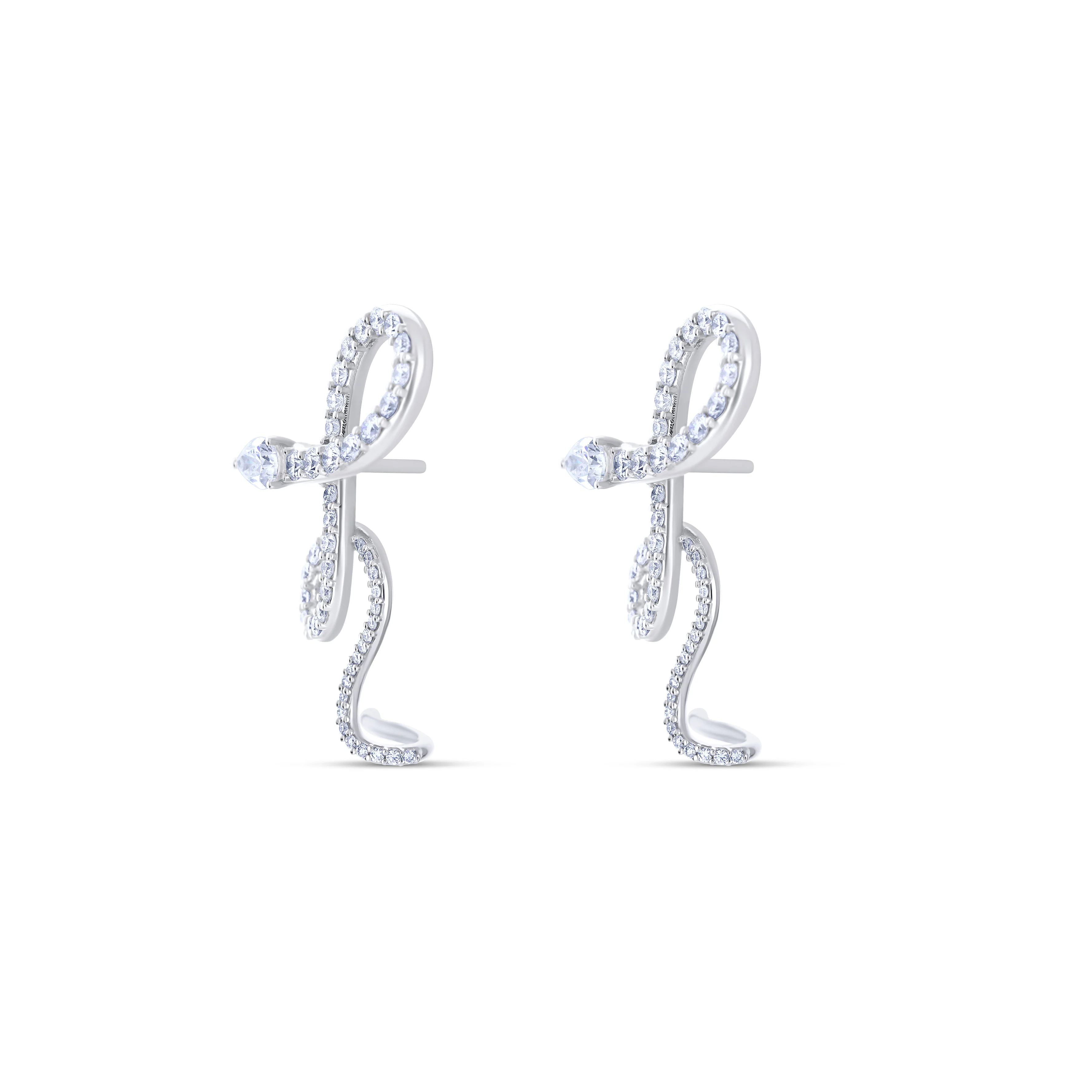 18K White Gold Round and Pear Shape Diamond Snake Earrings - Image 3