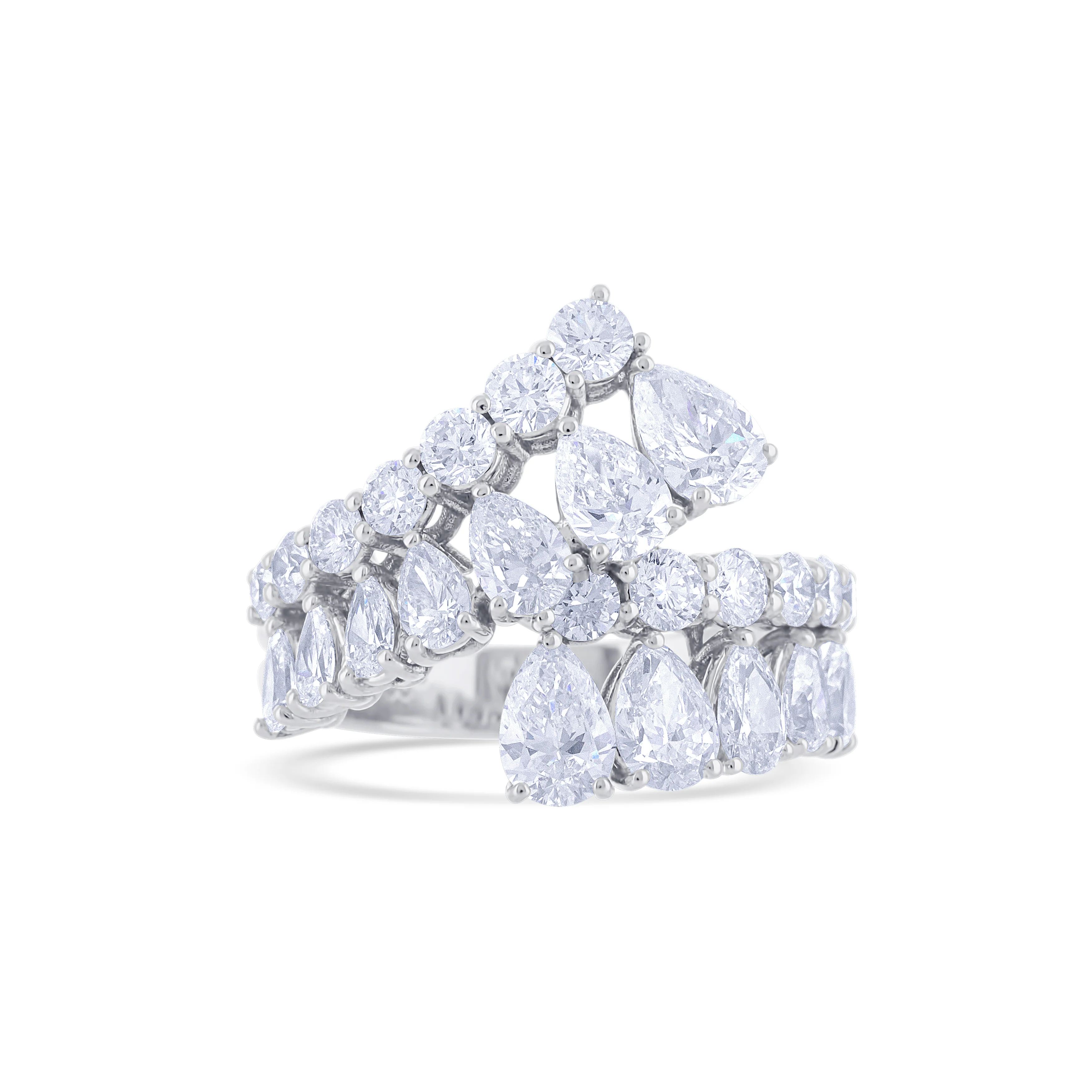18K White Gold Mixed Cut Pear and Round Diamond By-Pass Band