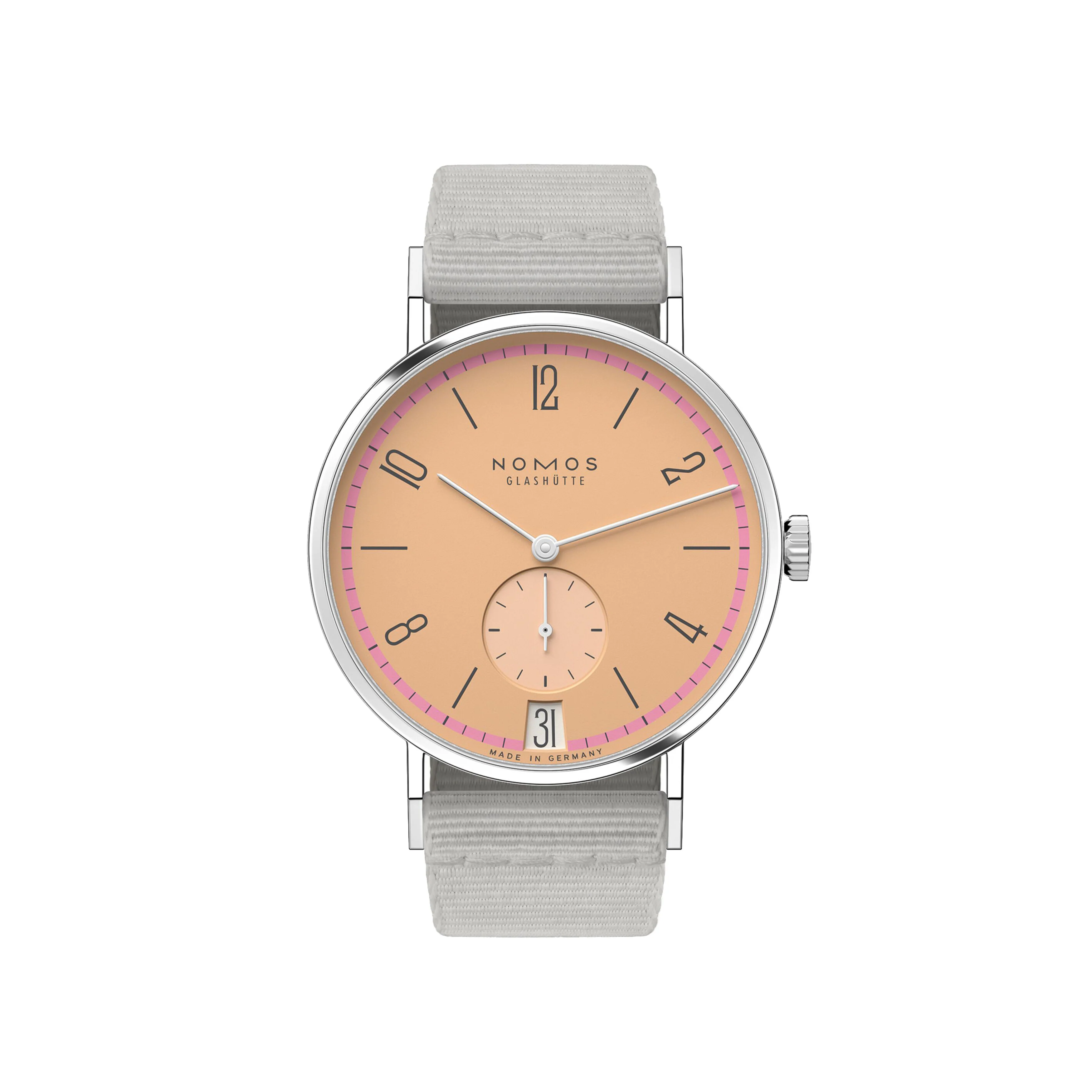 NOMOS GLASHUTTE TANGENTE 38 DATE PASTELL WATCH, 37.5MM CORAL DIAL, 179.S21