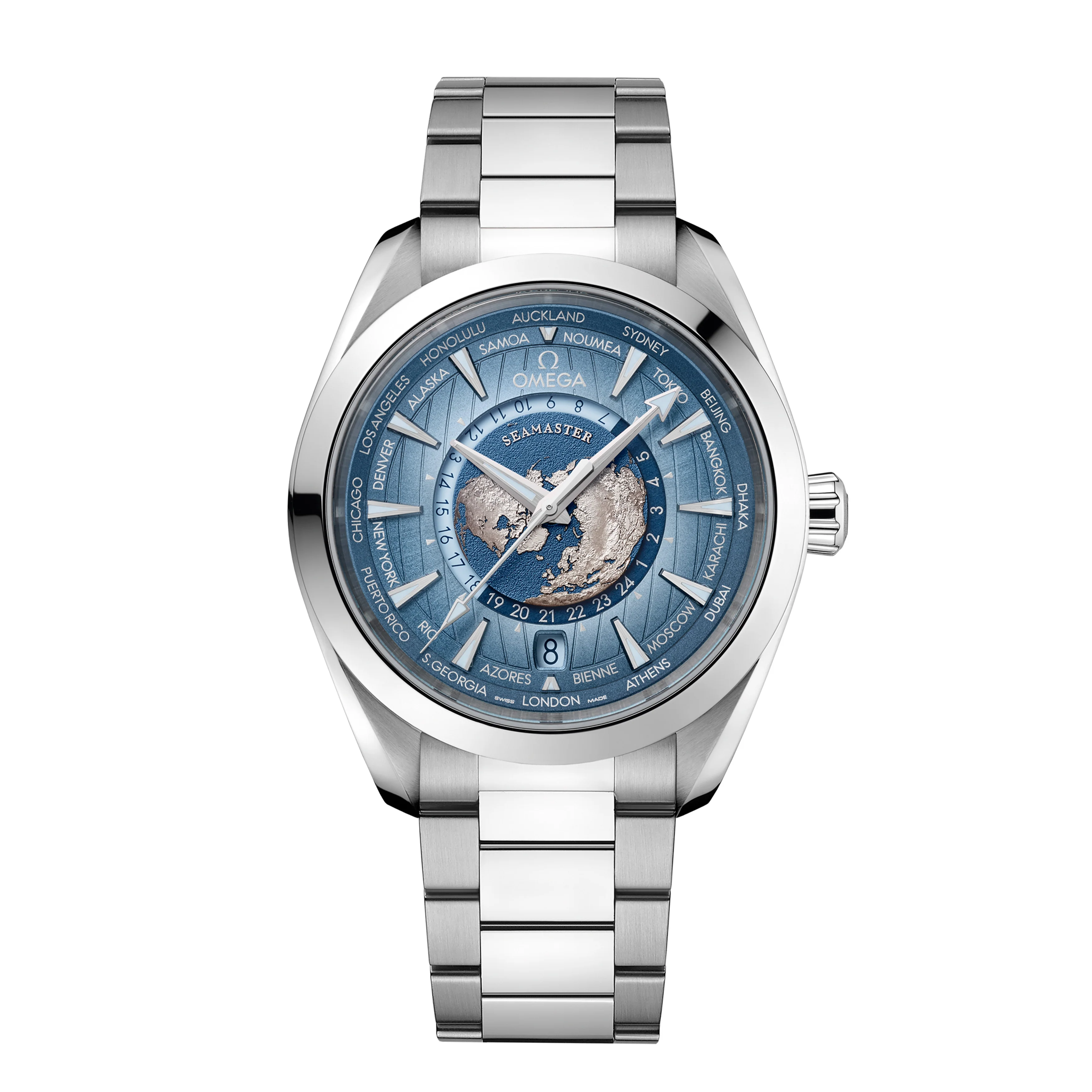Omega Seamaster Aqua Terra 150m GMT Worldtimer Watch, 43mm Summer Blue Dial, 220.10.43.22.03.002