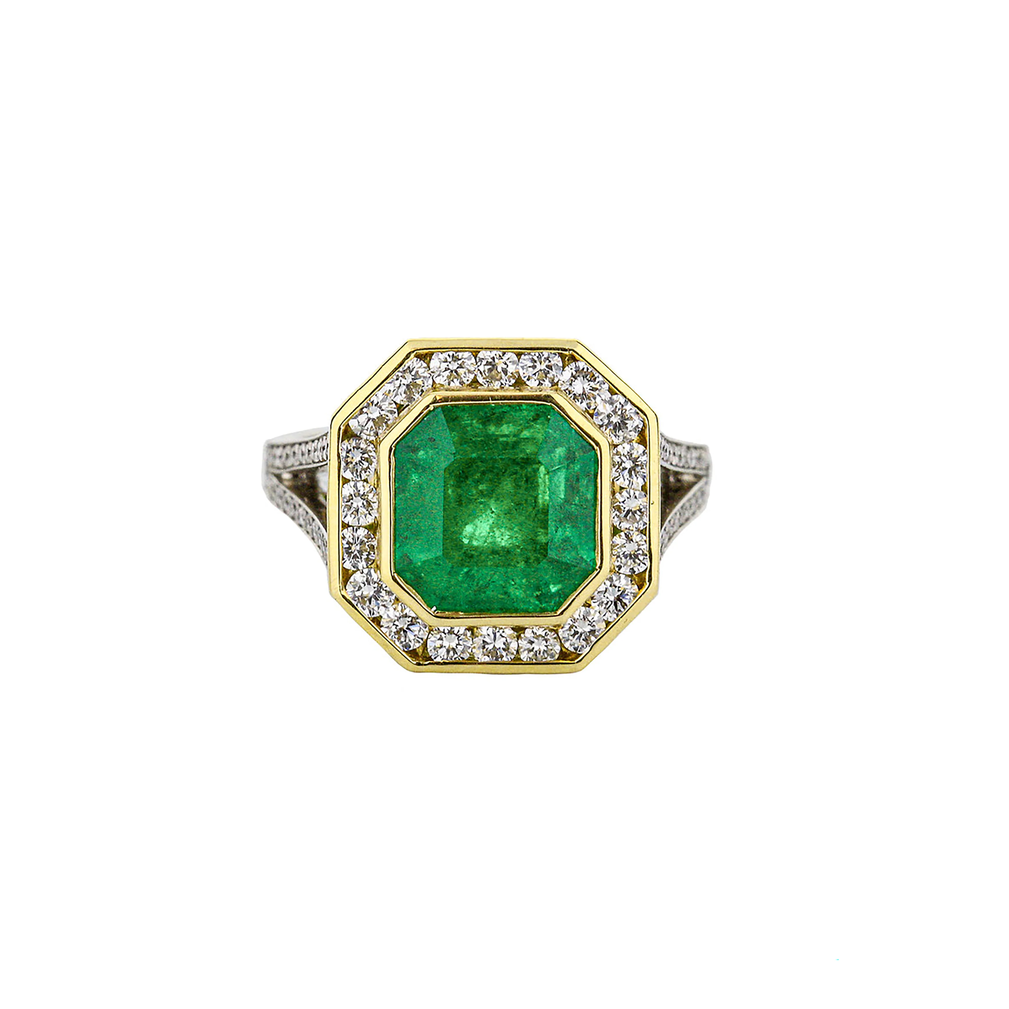 Platinum & 18K Yellow Gold Emerald Diamond Halo Ring