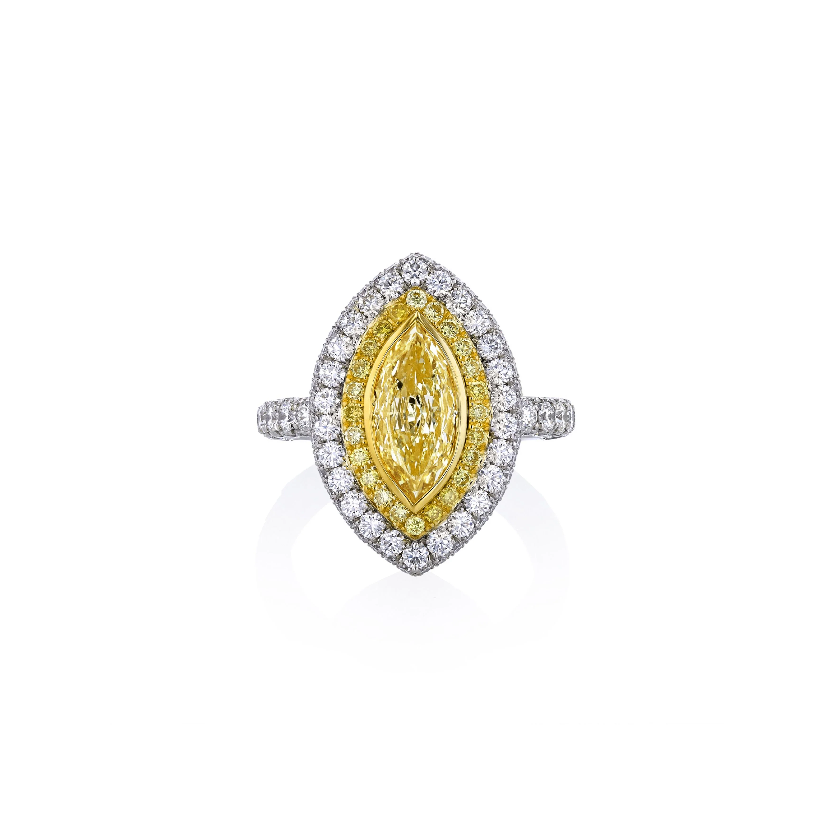 Platinum and 18k Yellow Gold Marquise Fancy Light Yellow Diamond Double Halo Pavé Engagement Ring