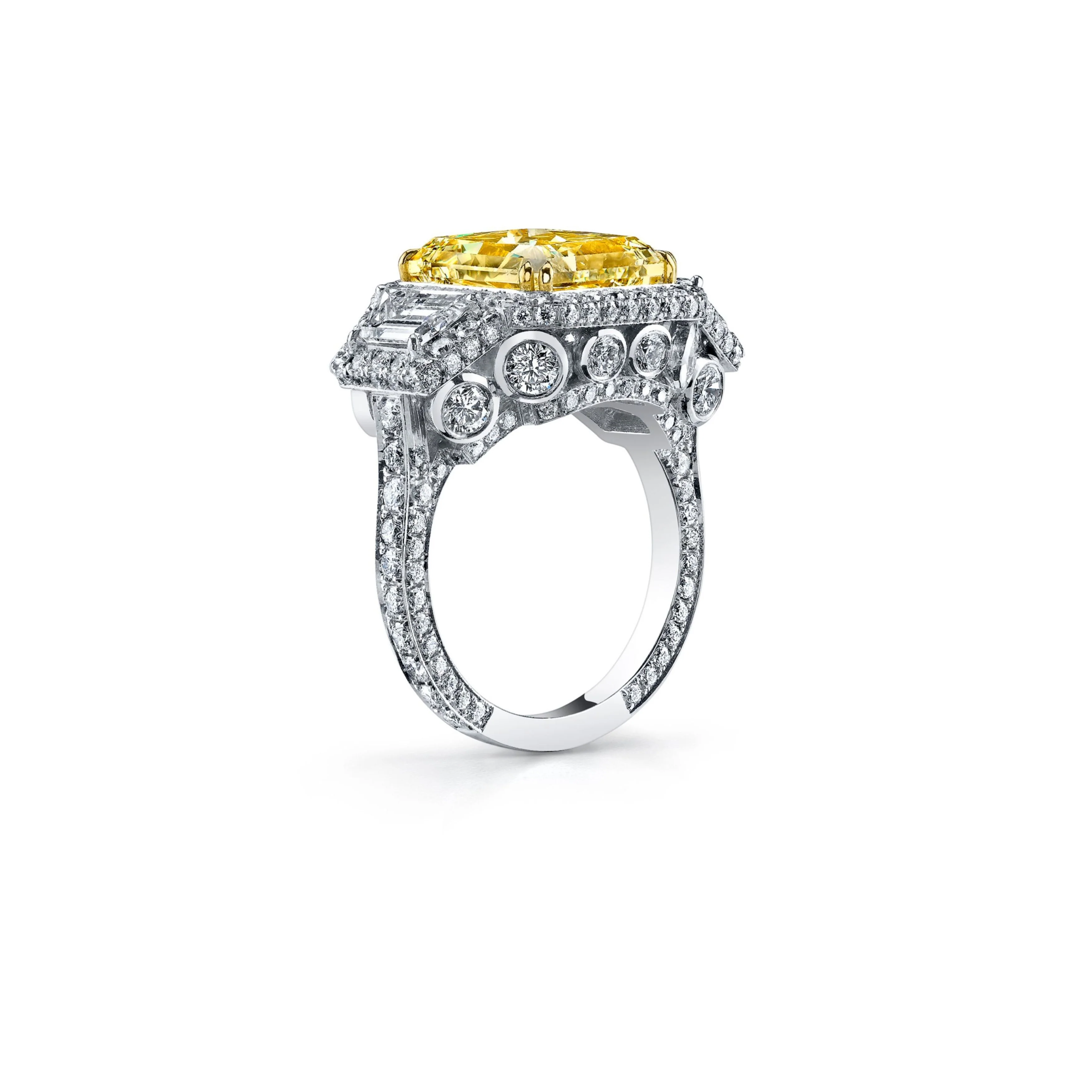 Platinum and 18k Yellow Gold Radiant Fancy Light Yellow Diamond Hidden Accent Three Stone Engagement Ring - Image 2