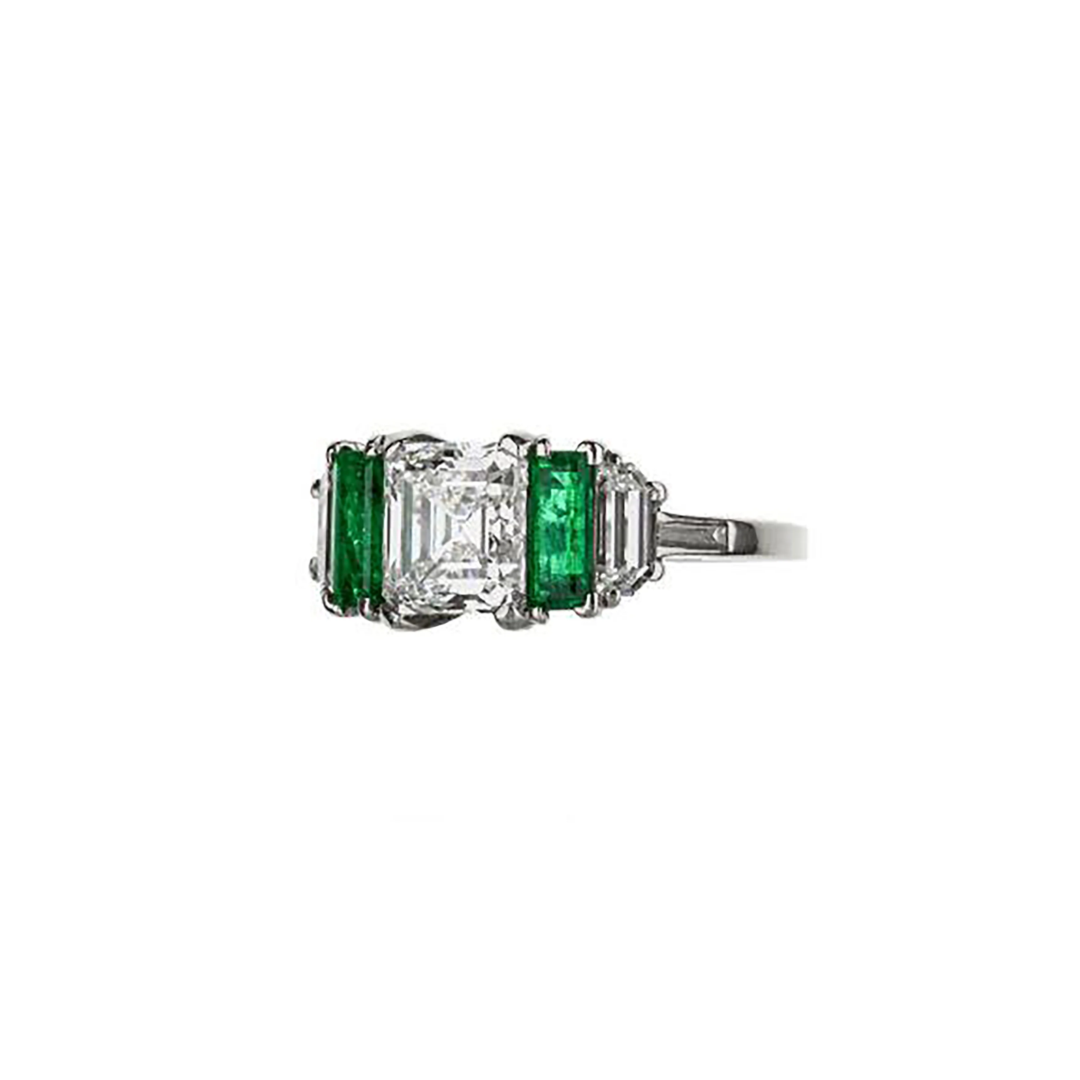 Platinum Antique Emerald Cut Diamond Ring With 2 Accent Emerald And Diamonds - Image 2
