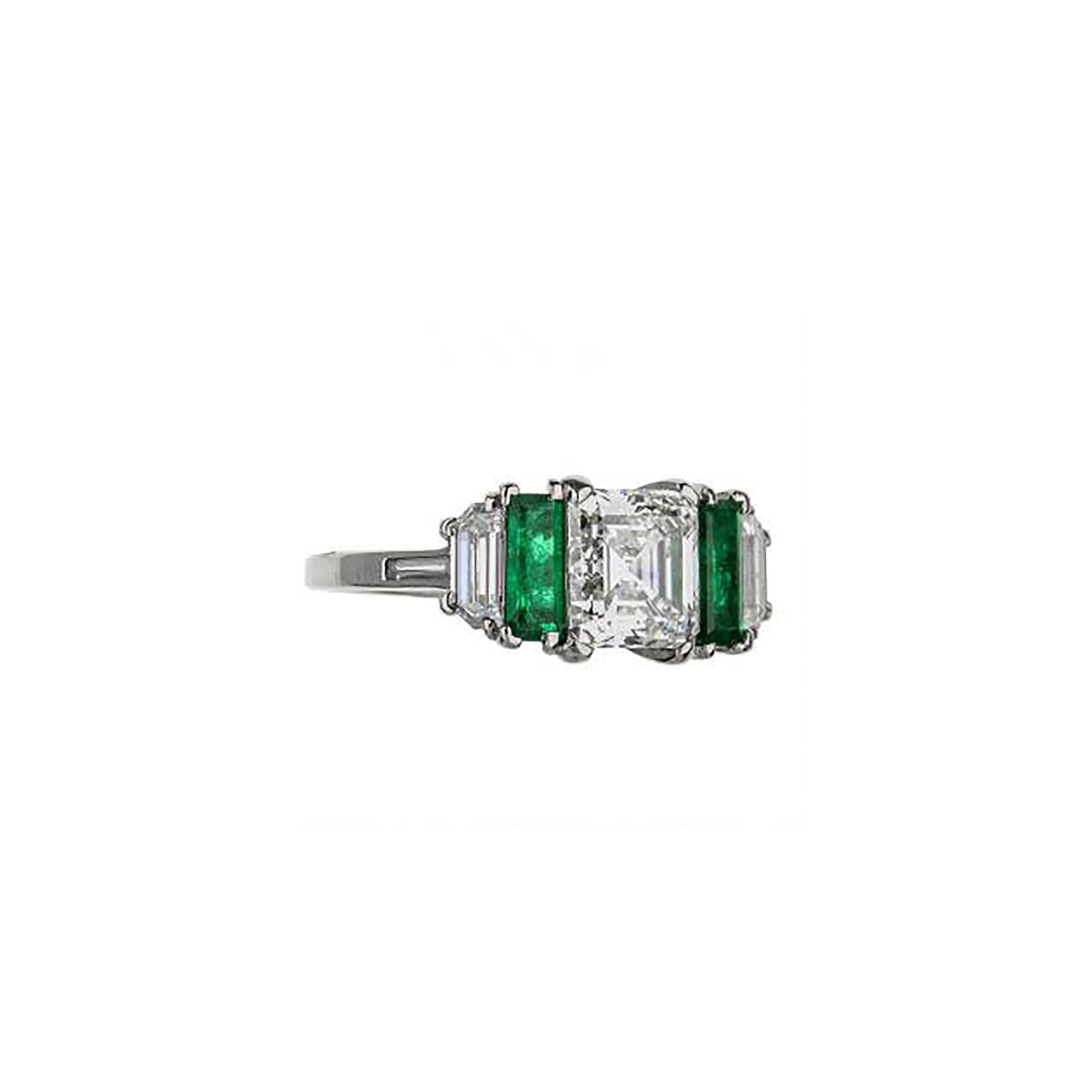 Platinum Antique Emerald Cut Diamond Ring With 2 Accent Emerald And Diamonds - Image 3