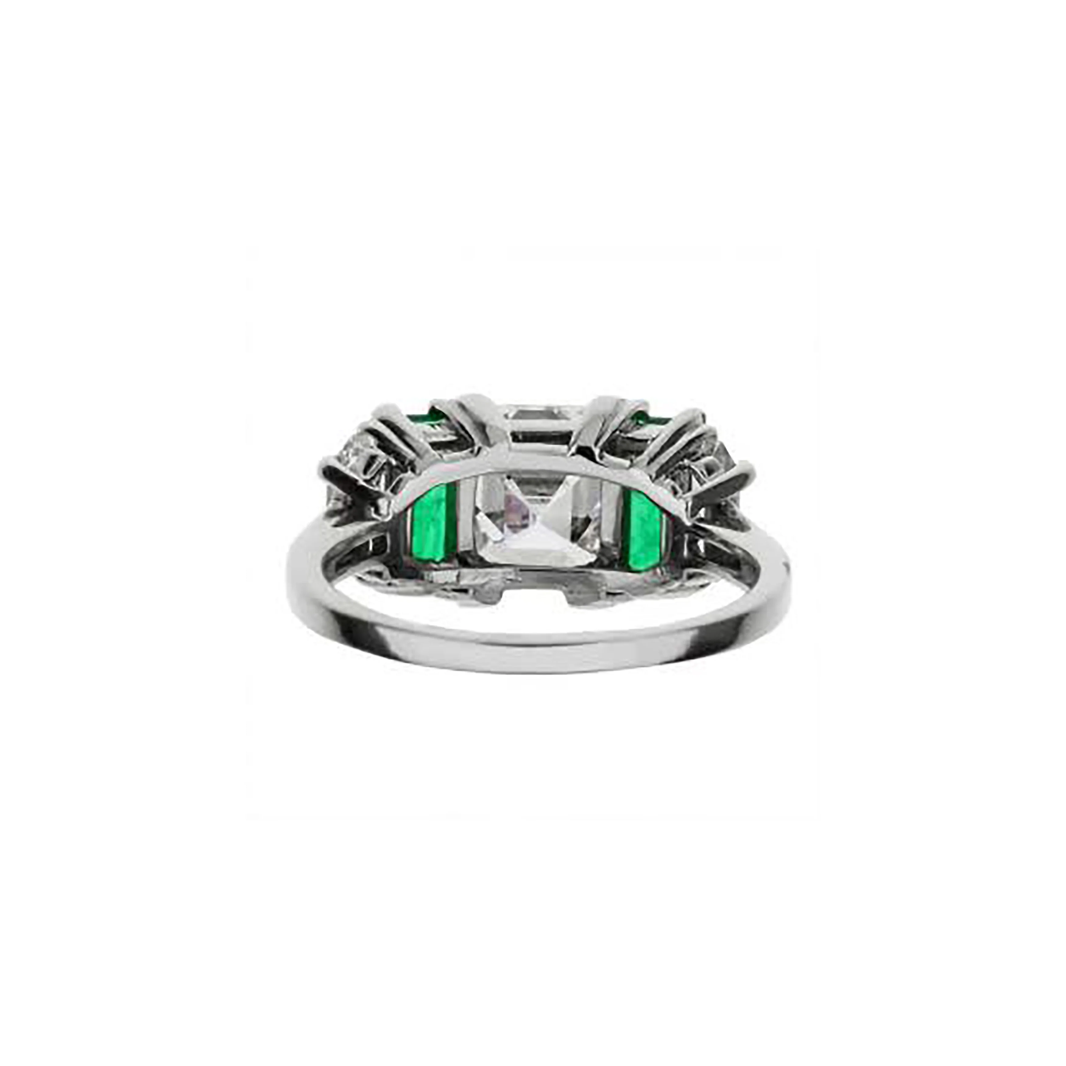 Platinum Antique Emerald Cut Diamond Ring With 2 Accent Emerald And Diamonds - Image 4