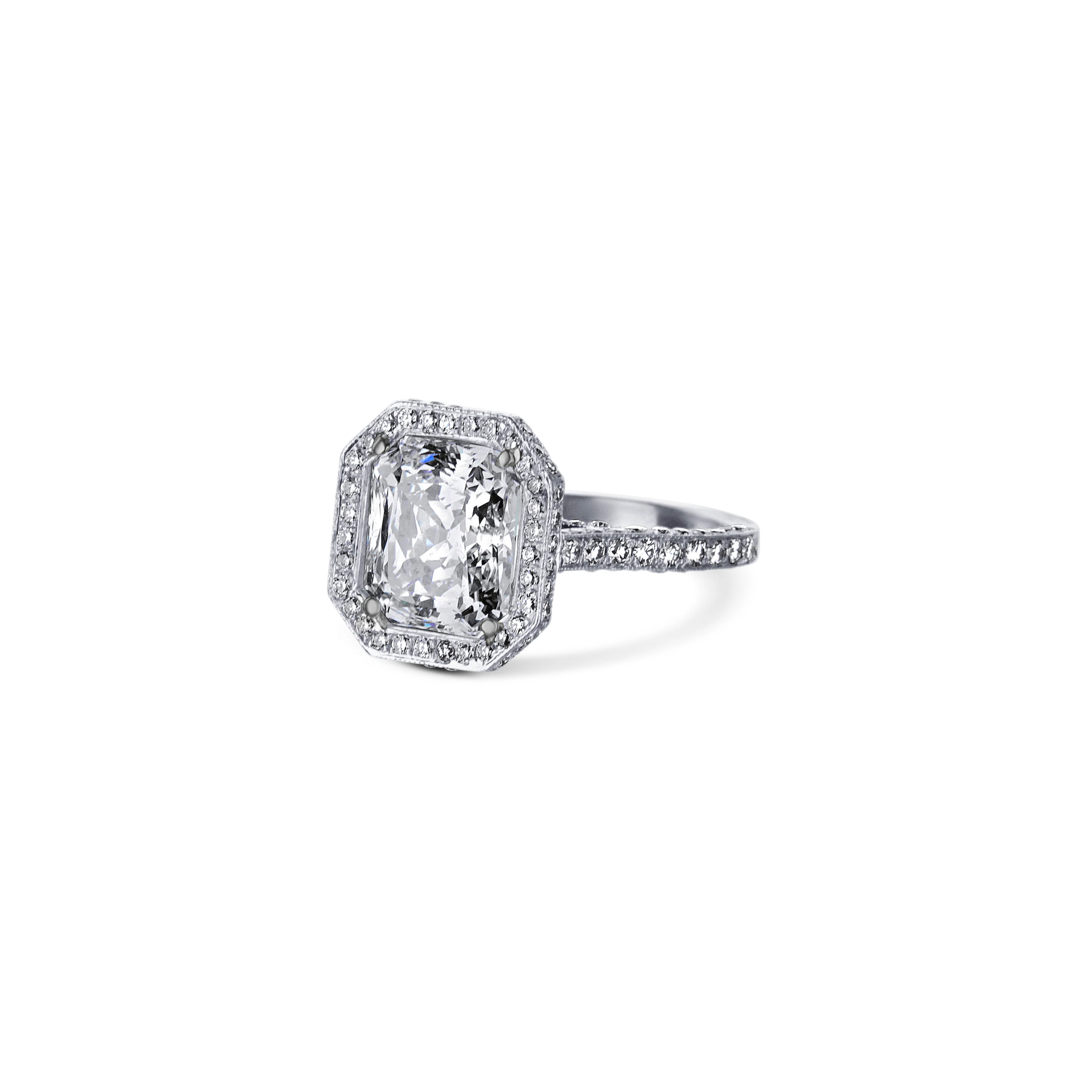 Platinum Cut Cornered Rectangular Brilliant Cut Diamond Halo Engagement Ring - Image 2