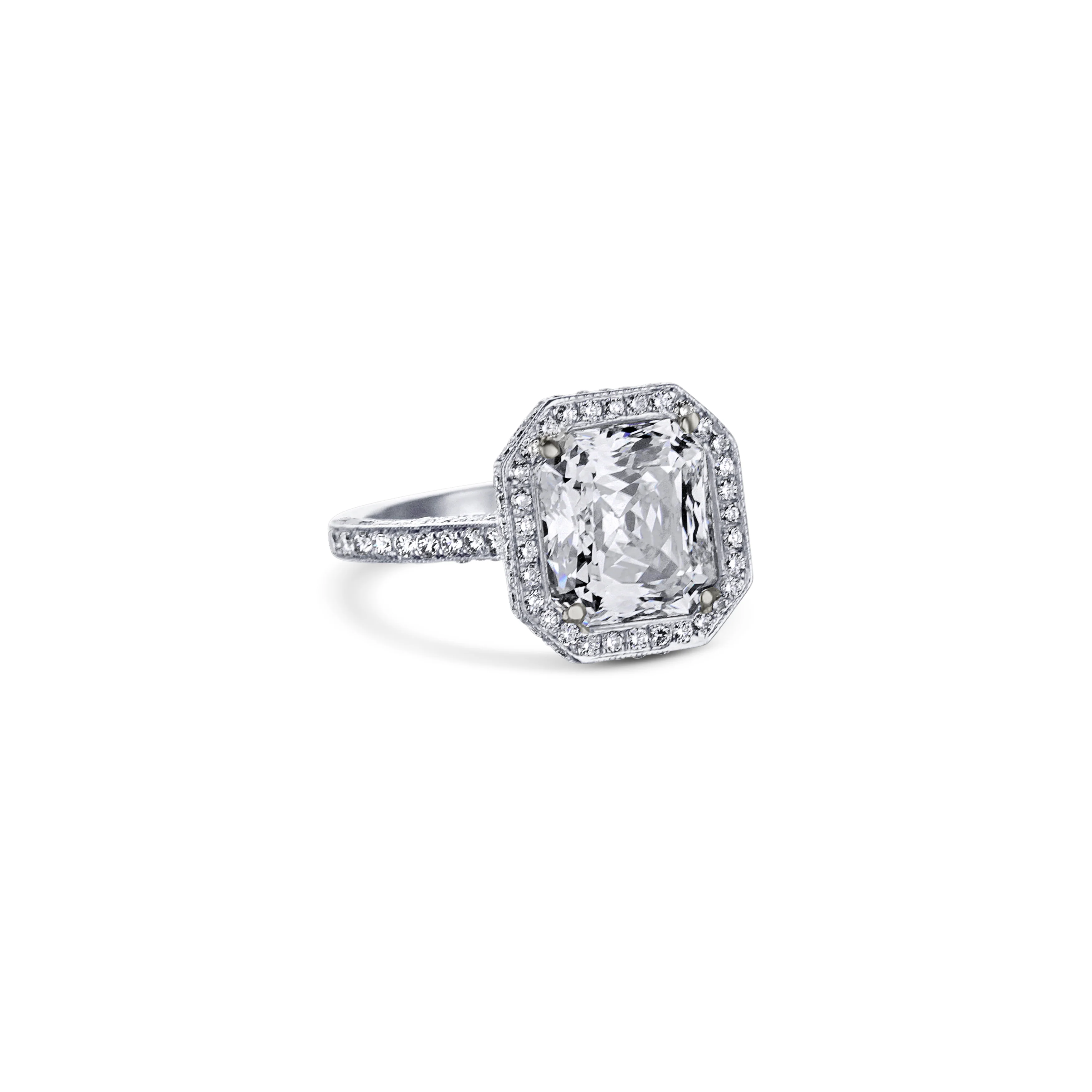 Platinum Cut Cornered Rectangular Brilliant Cut Diamond Halo Engagement Ring - Image 3