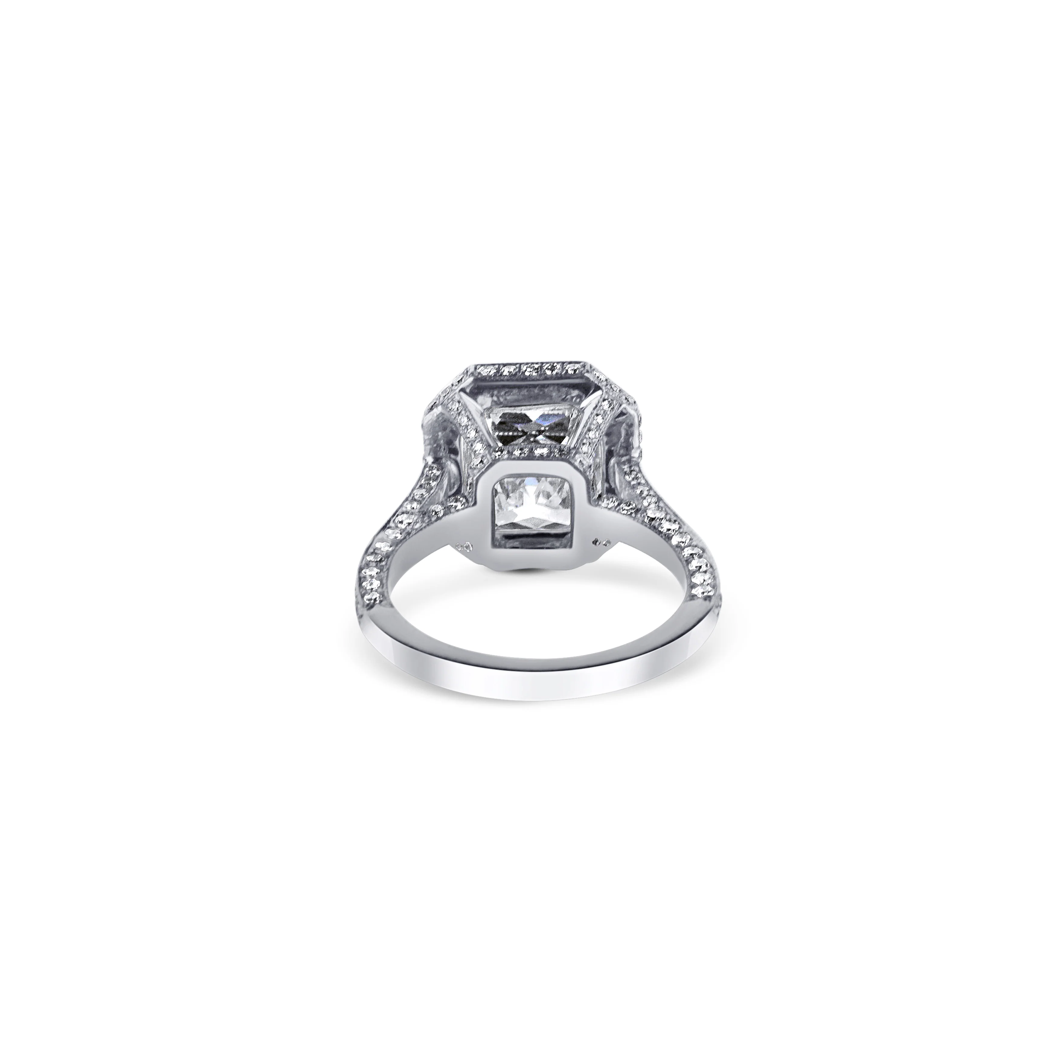 Platinum Cut Cornered Rectangular Brilliant Cut Diamond Halo Engagement Ring - Image 4