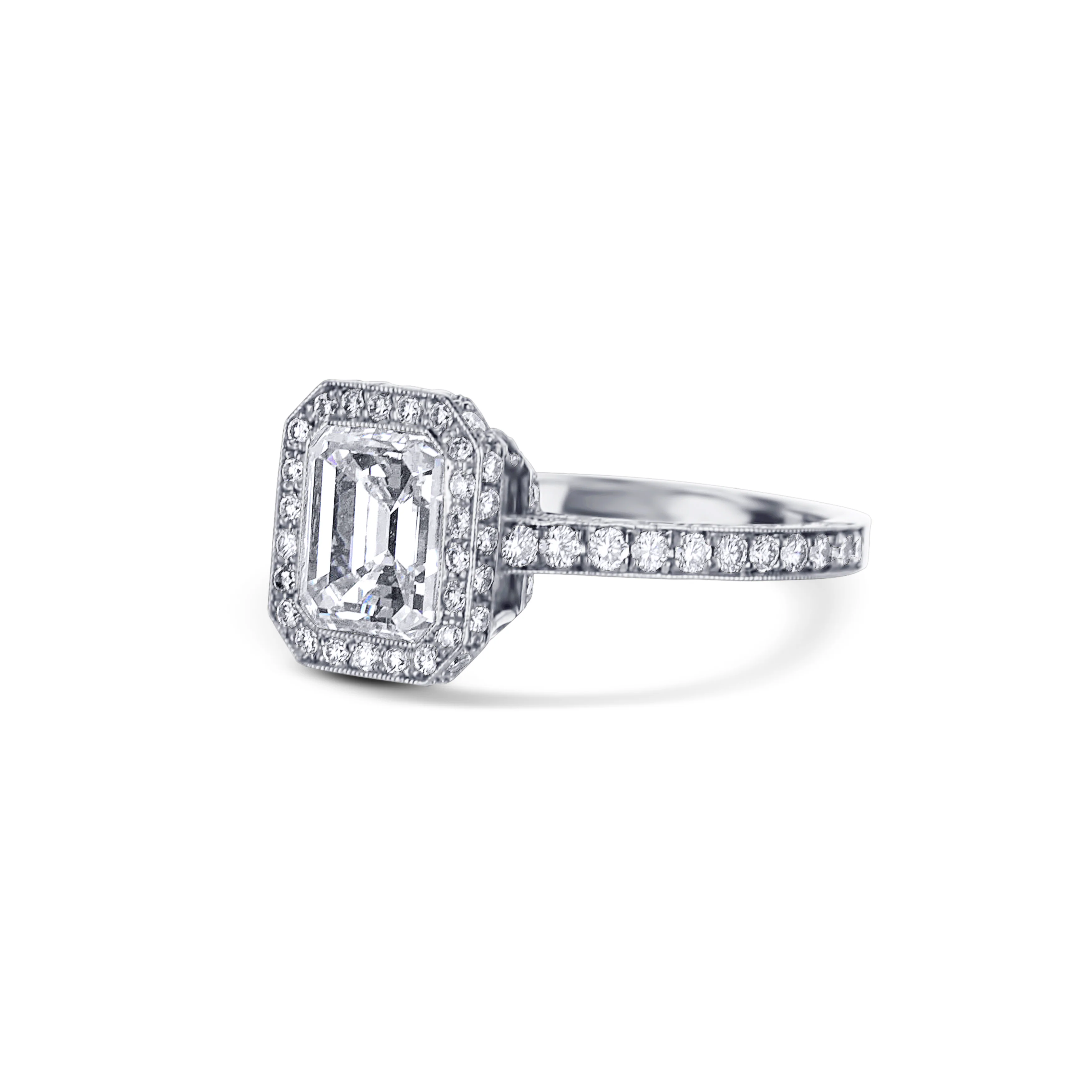 Platinum Emerald Cut Diamond Halo Engagement Ring - Image 2
